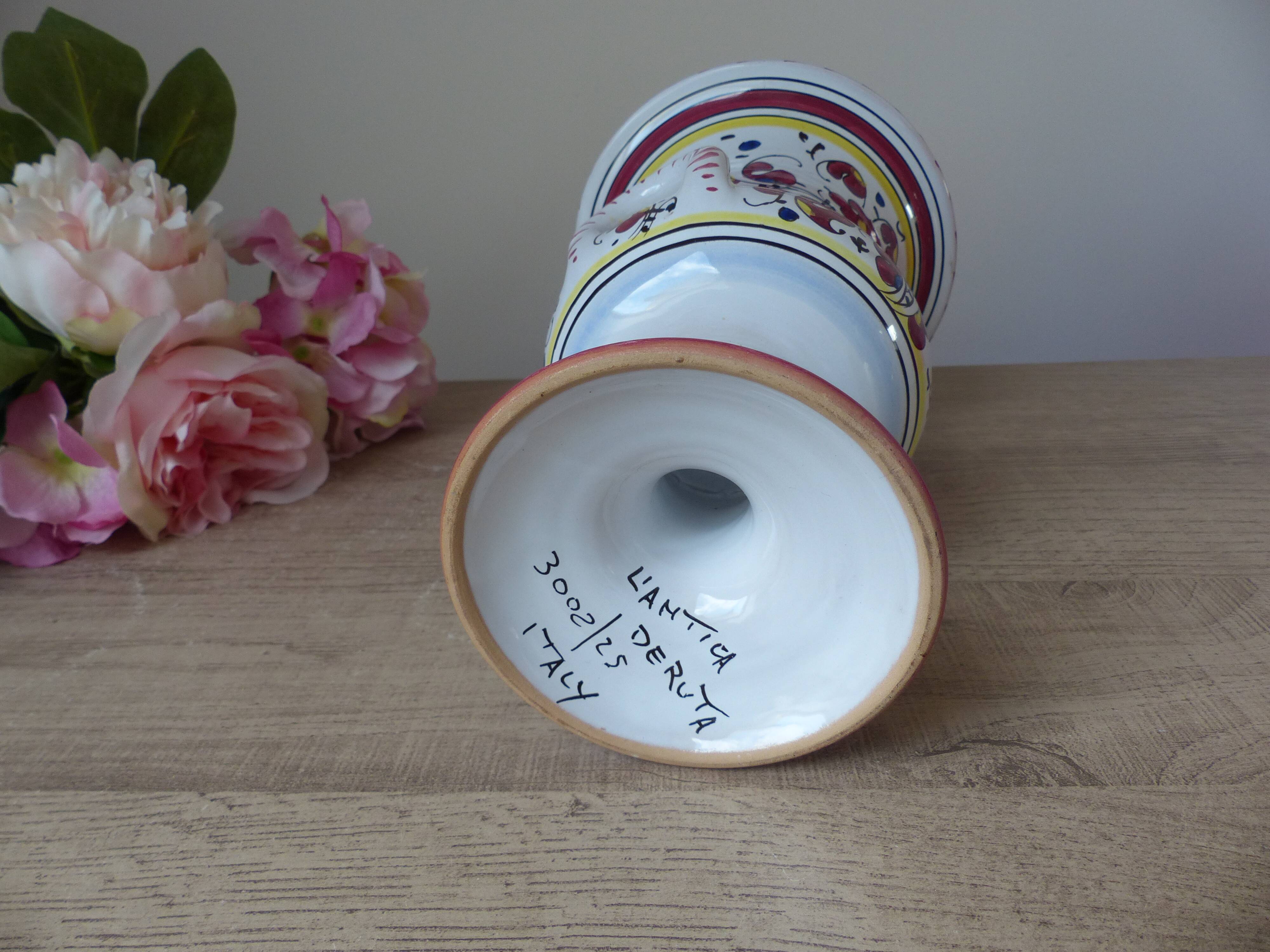 Colorful Ceramic Vase from Italy Deruta l'Antica: Amphora Flowers and Rooster