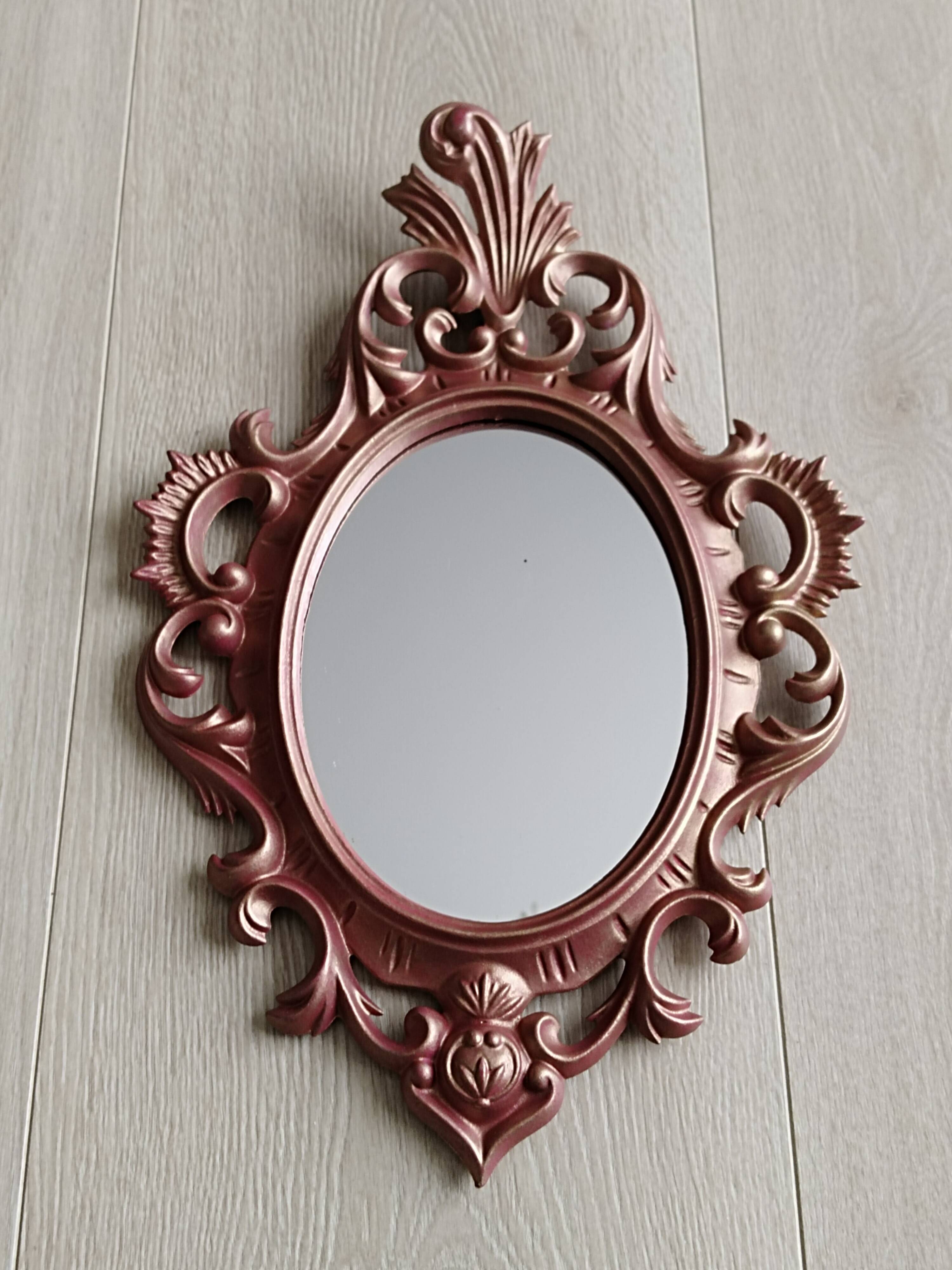 Classic red and gold patinated rocaille mirror, 35 cm x 23 cm