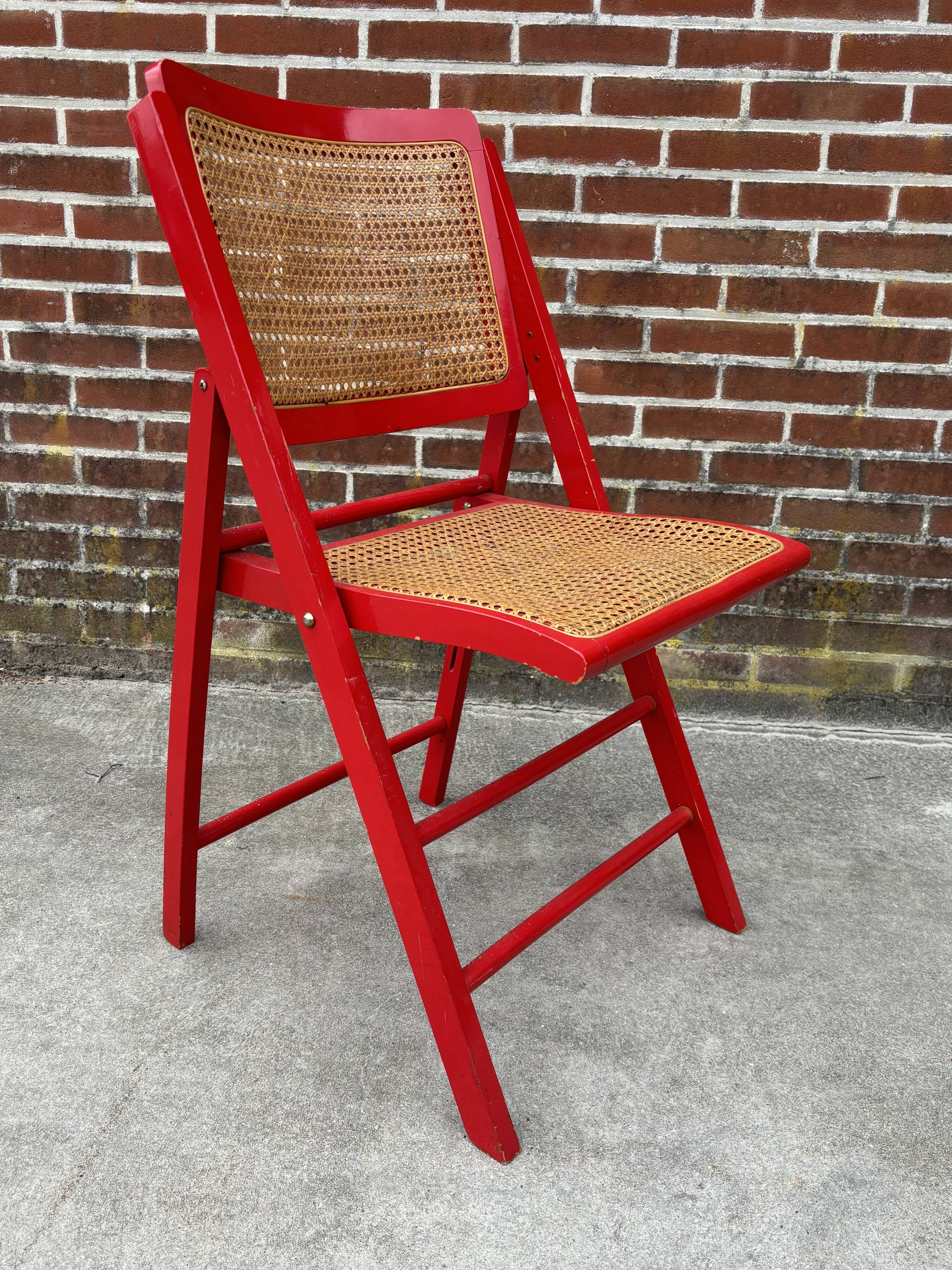 Vintage  Mid-Century Woven Cane Folding Chair  1960s in red cesca style