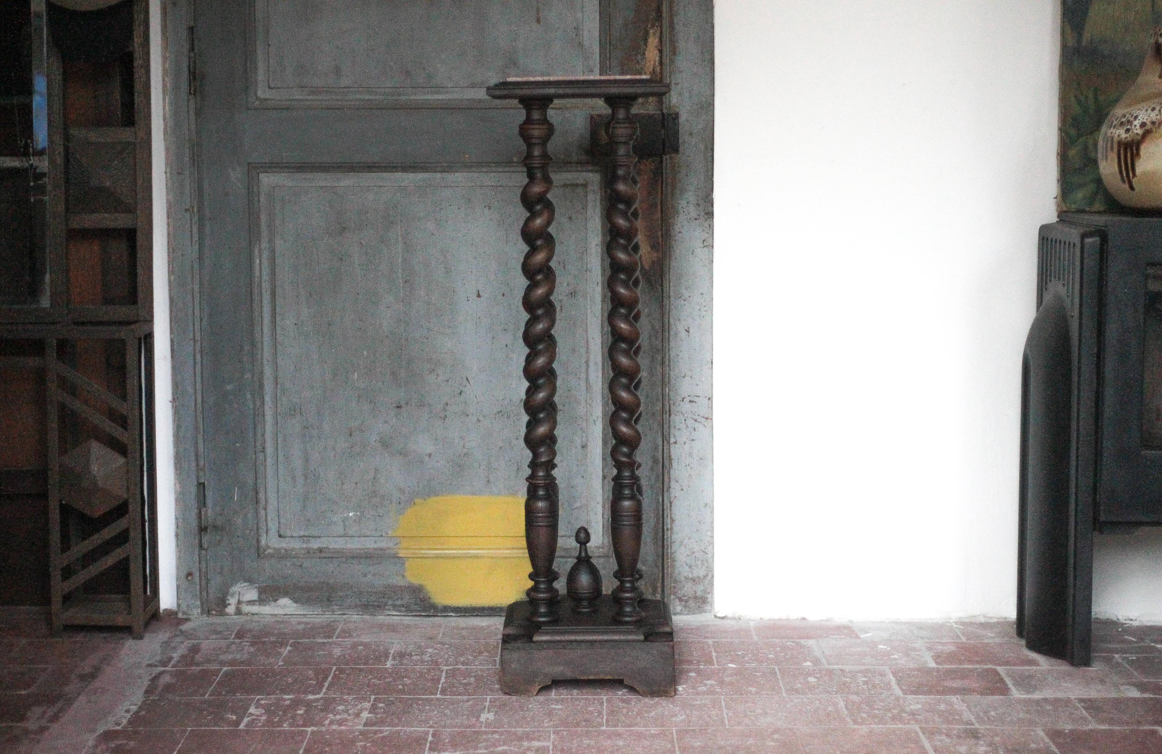 Vintage wood and marble side table, Louis XIII style turned wood pedestal table