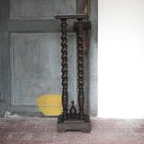 Vintage wood and marble side table, Louis XIII style turned wood pedestal table