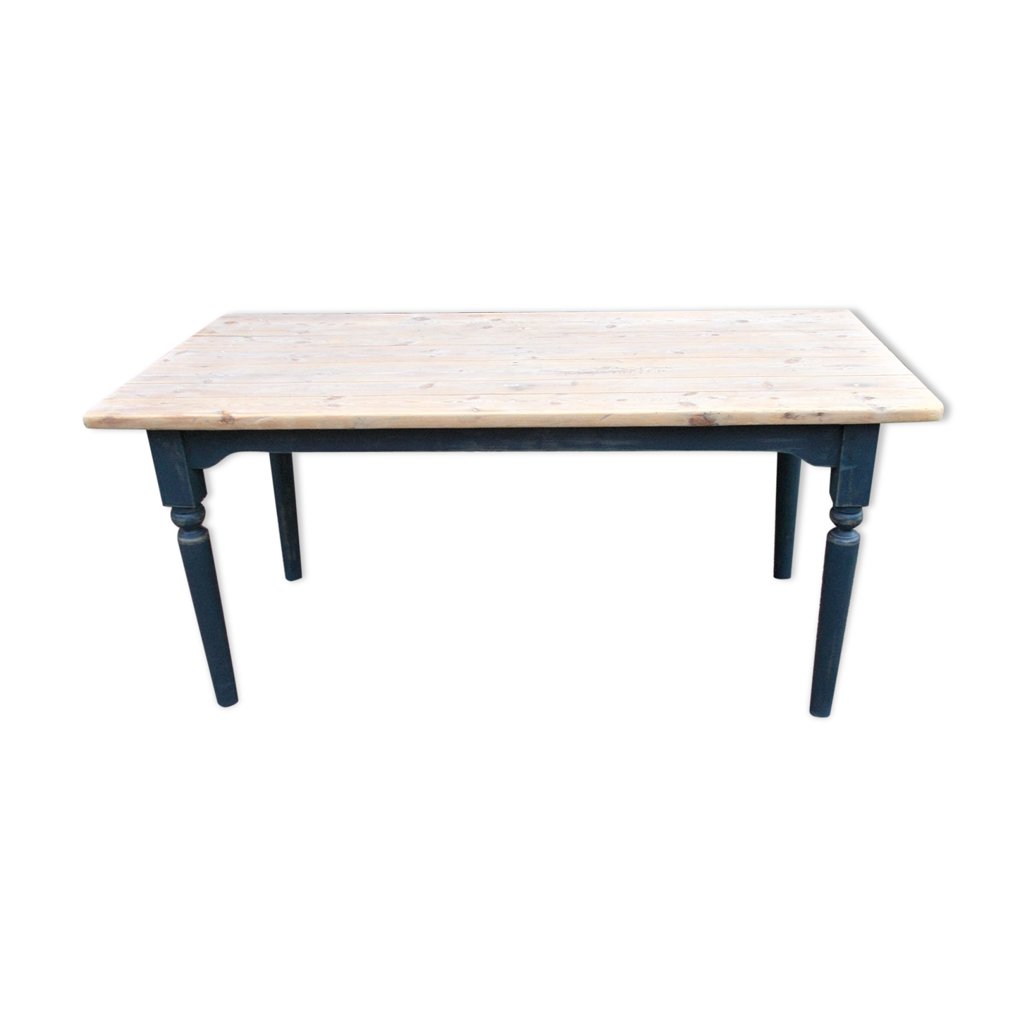 Antique kitchen table,19th c. French, pine, scrub top,blue painted legs