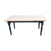 Table de cuisine antique 19ème c. Français pin dessus de gommage, pattes peintes bleues