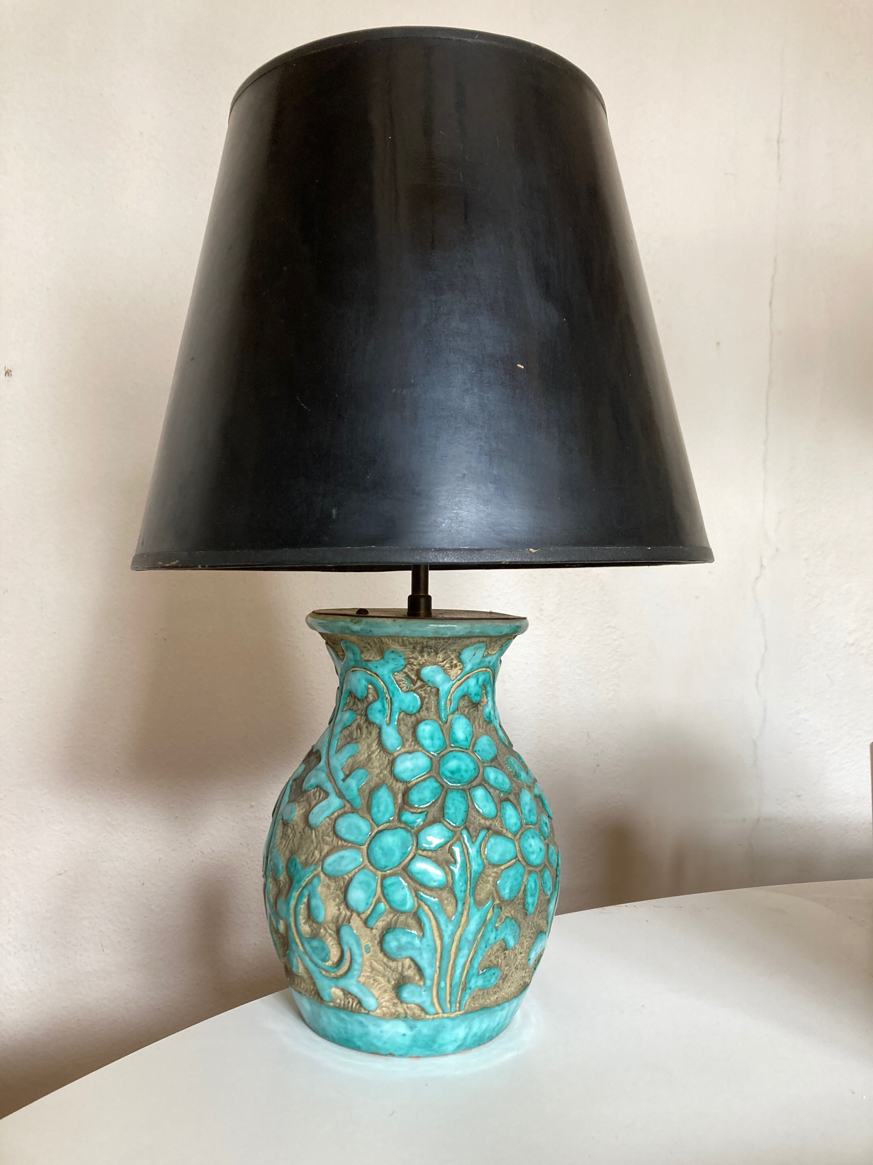 Italian glazed ceramic lamp 1960 mid century Bitossi turquoise