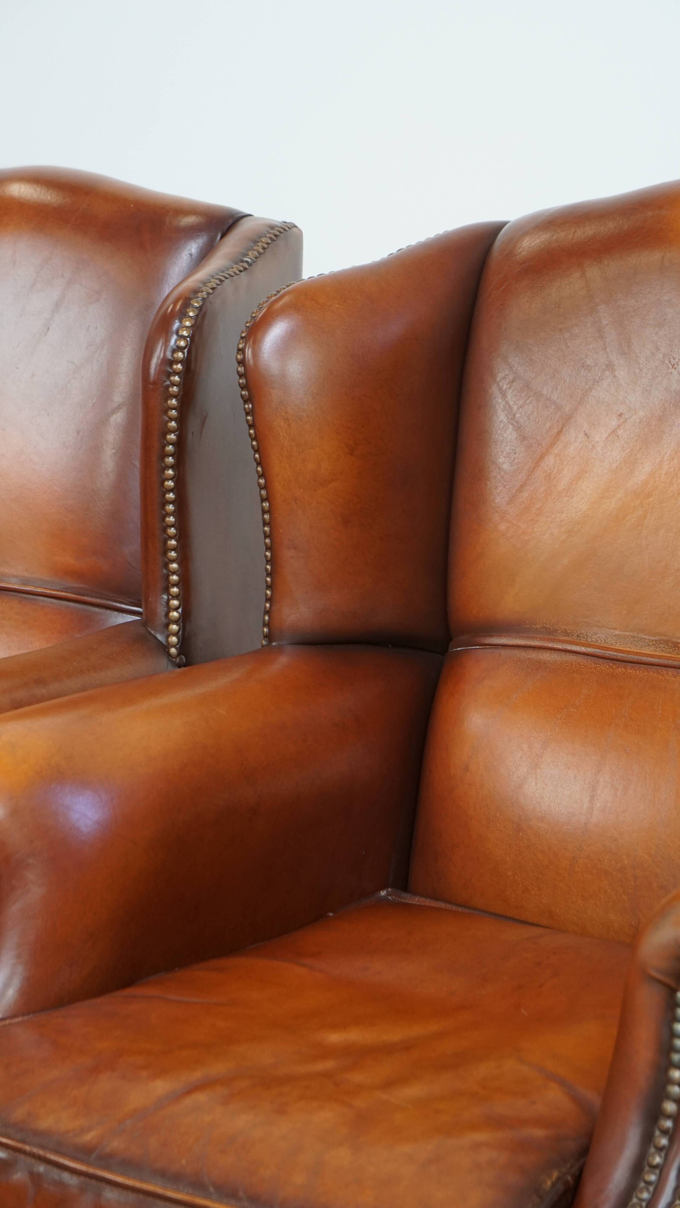 Set of 2 English style sheepskin leather wingback armchairs