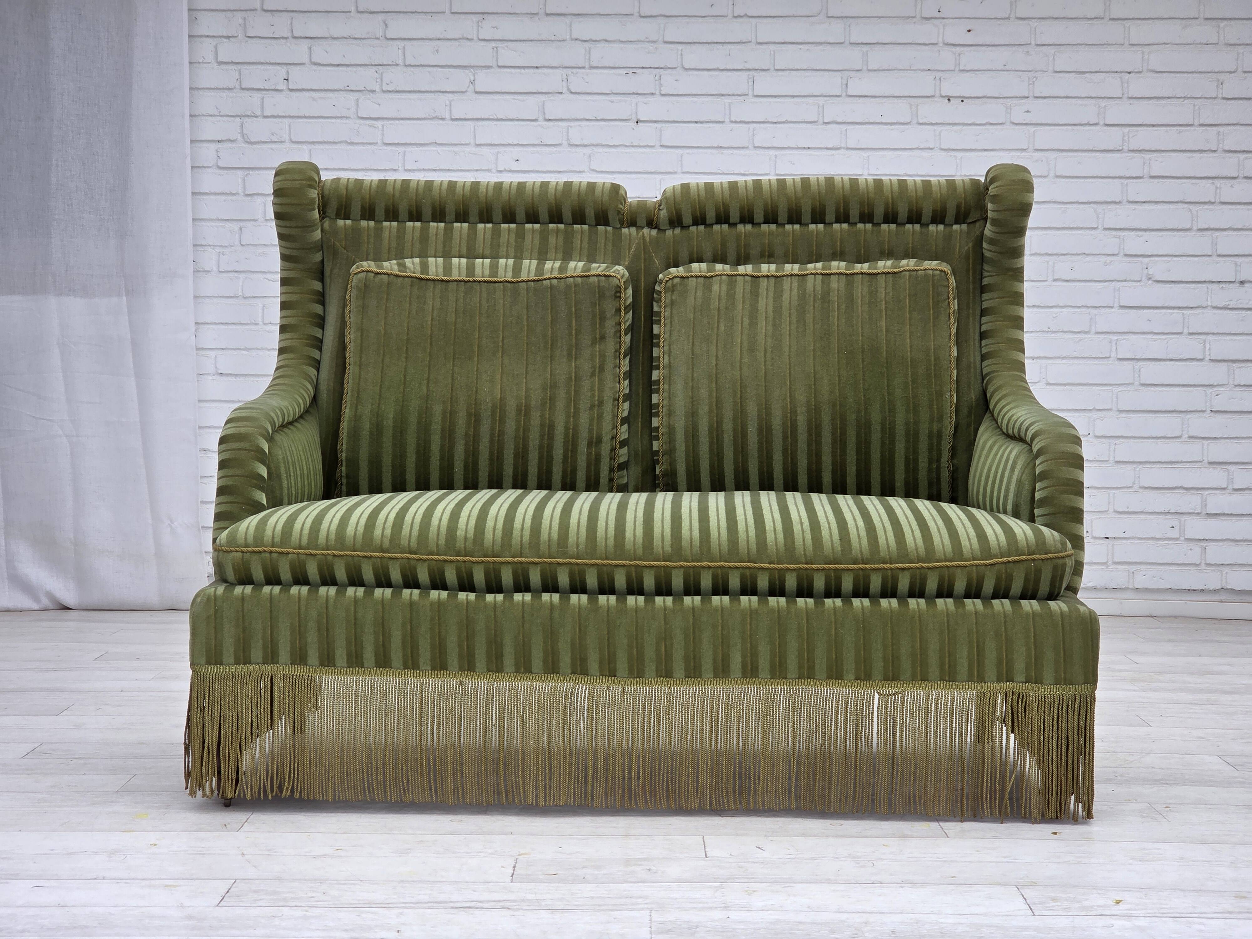 1950s, Danish 2-seater sofa, green furniture velour, beech wood.