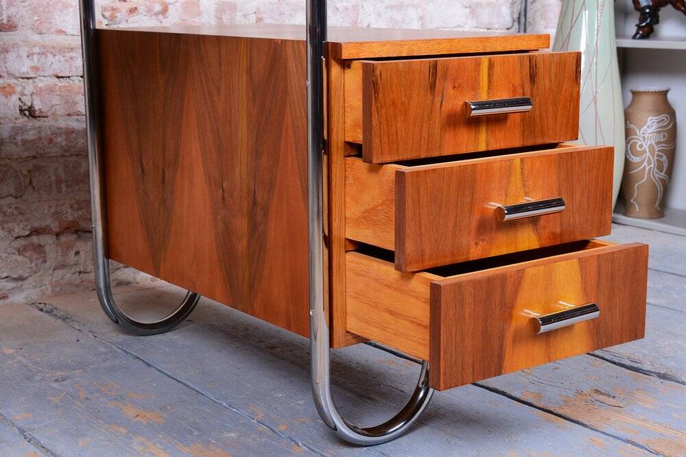 Czech Bauhaus Writing Desk in Walnut and Chrome attributed to Robert Slezak for Slezak Factories, 1940s