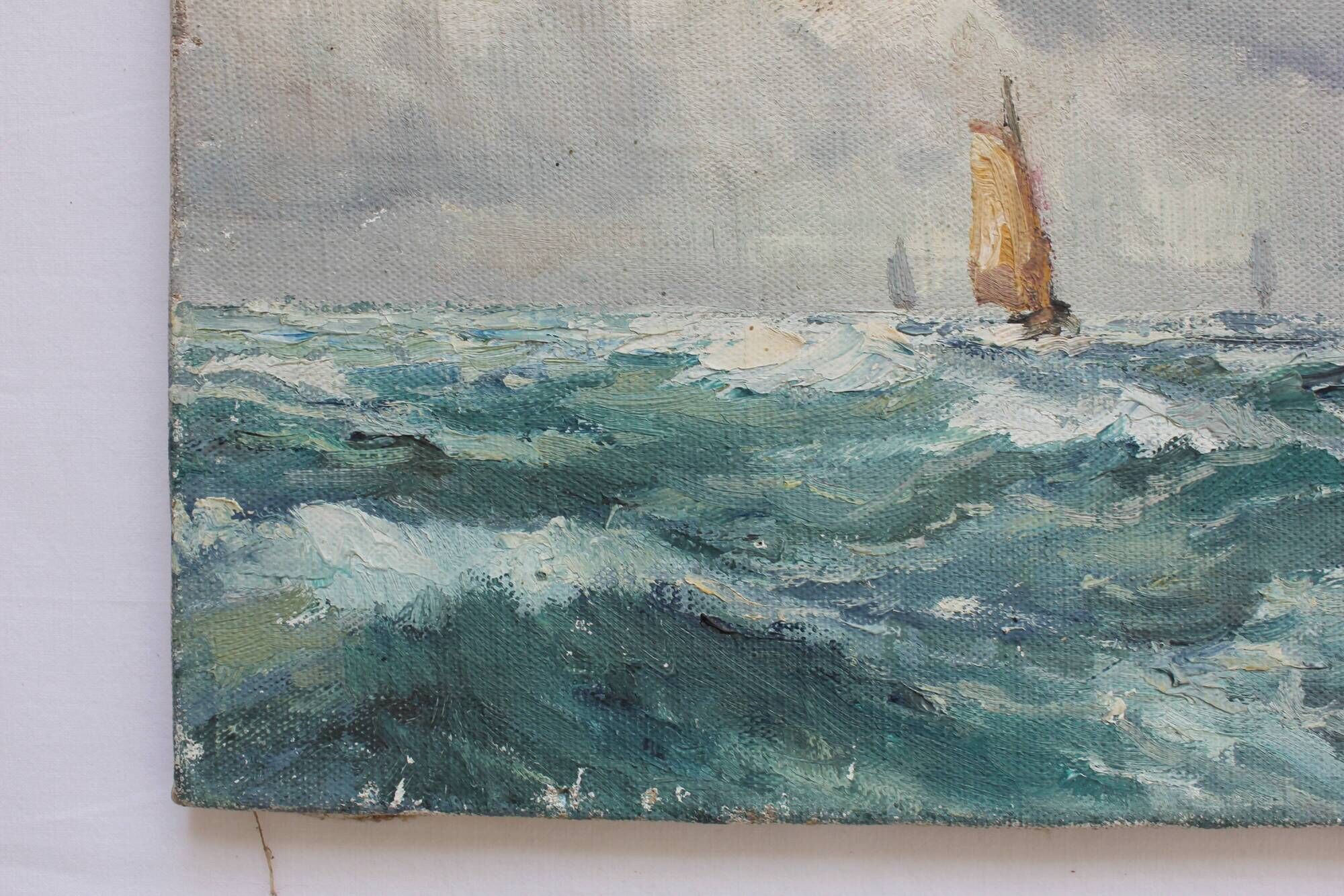 Old painting oil on marine canvas signed, early twentieth century