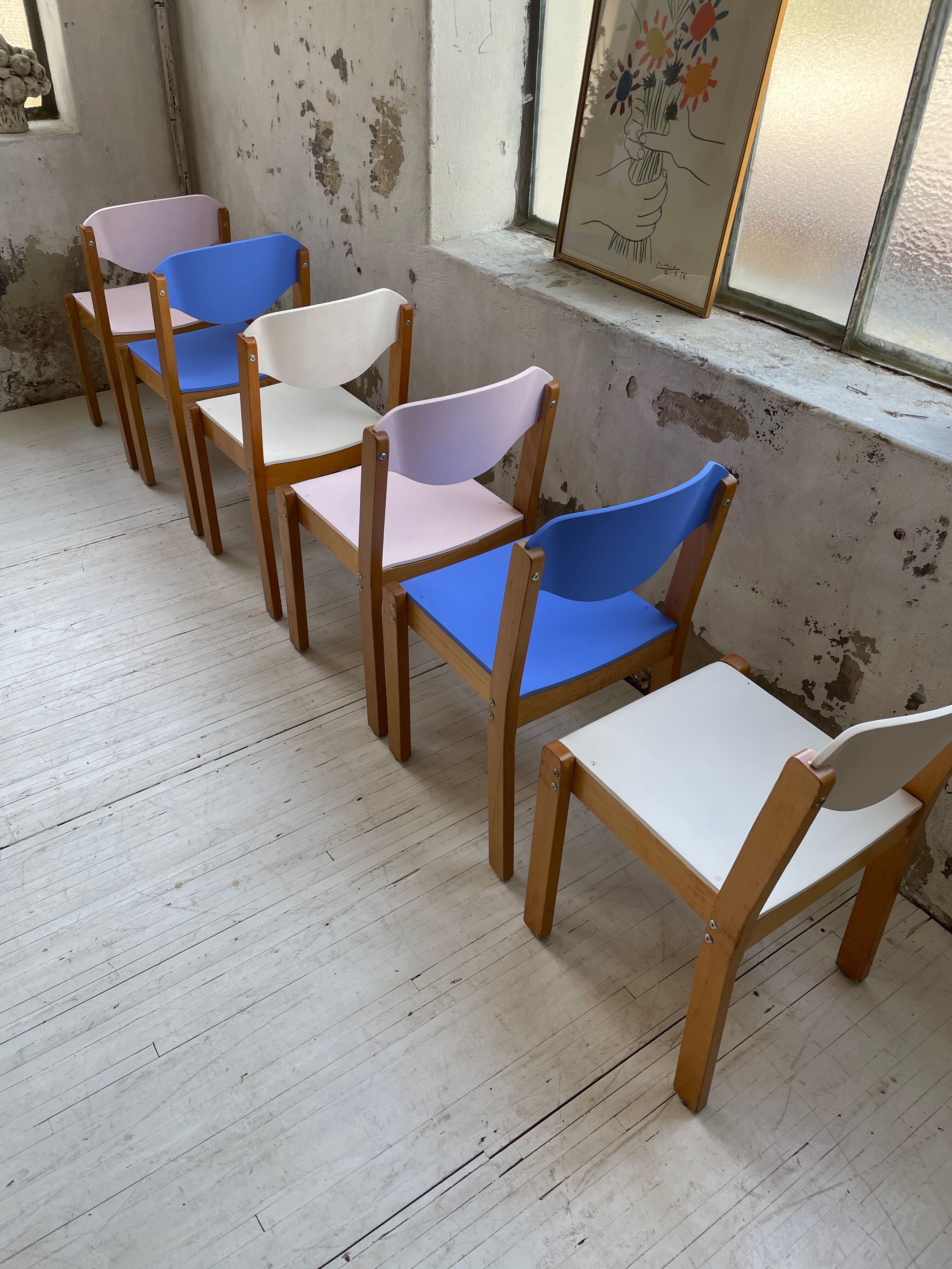 6 colorful 80s beech chairs