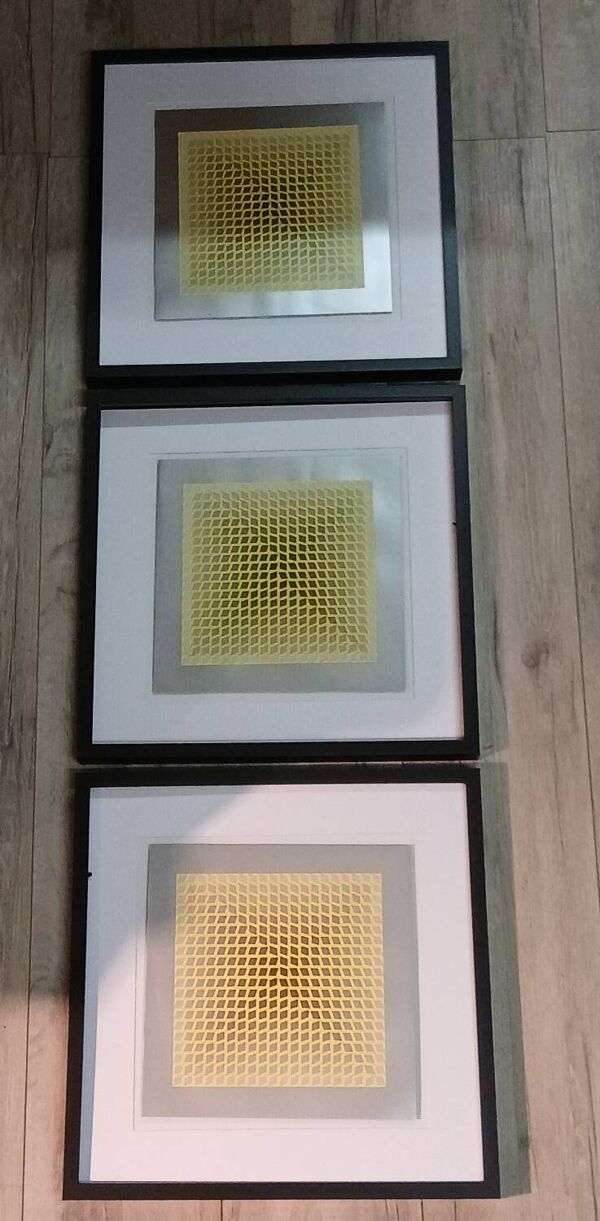 Triptyque Art Optique - 3 Tableaux Vintage - Victor Vasarely - Cadres