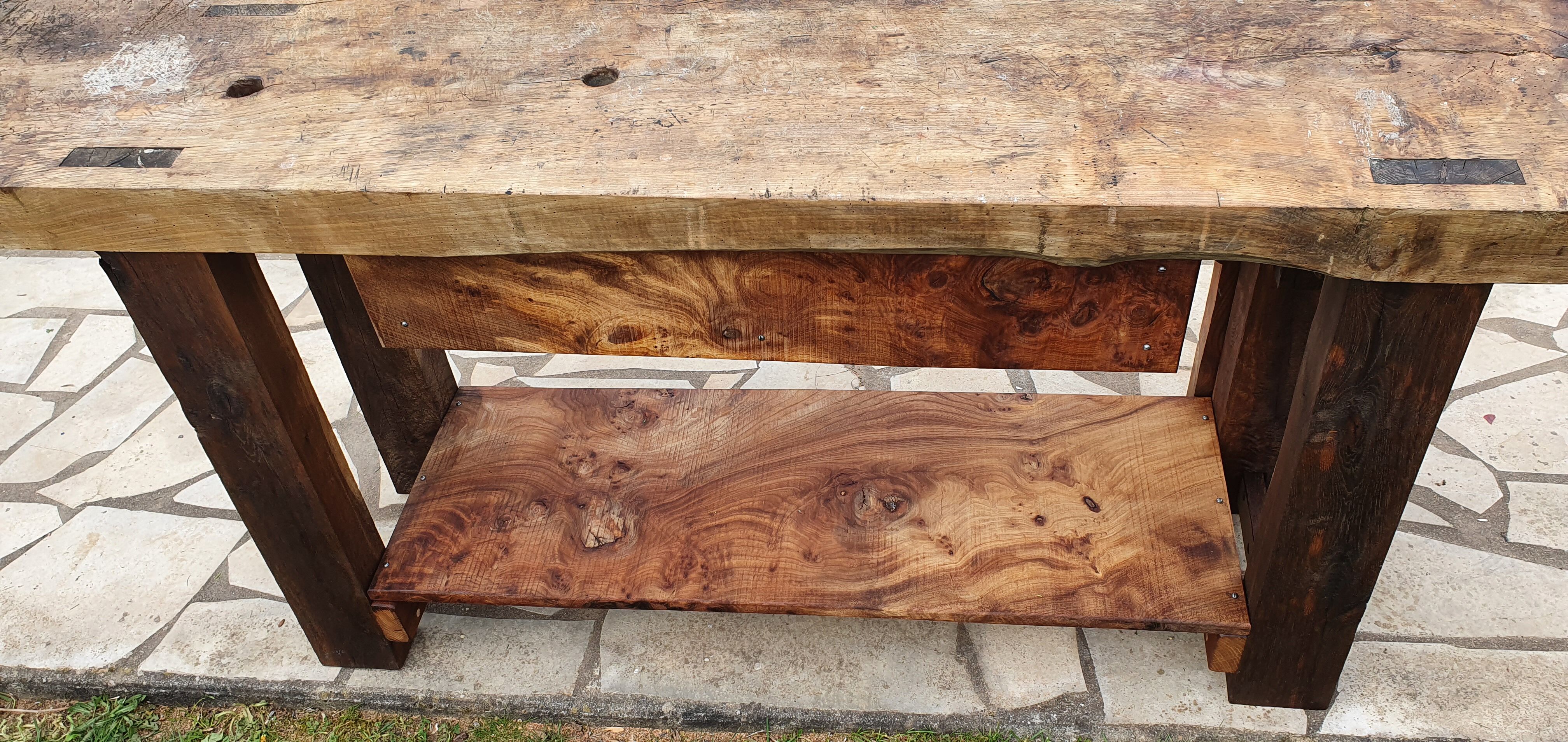 Old elm workbench, elm magnifying glass and oak. Renovated and pampered. 190cm.
