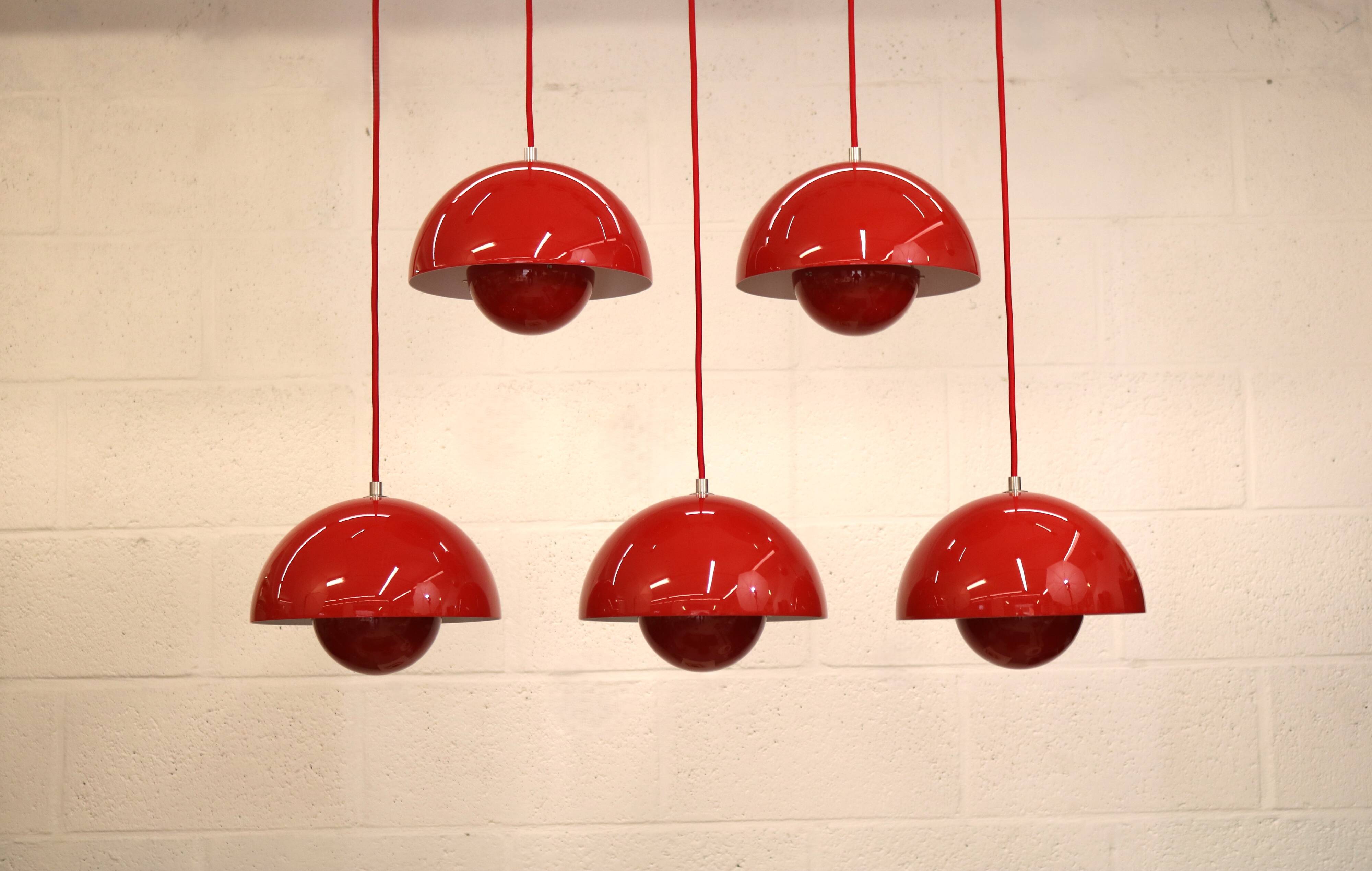 Iconic VP1 cherry red enamel flowerpot lamps designed by Verner Panton - &t