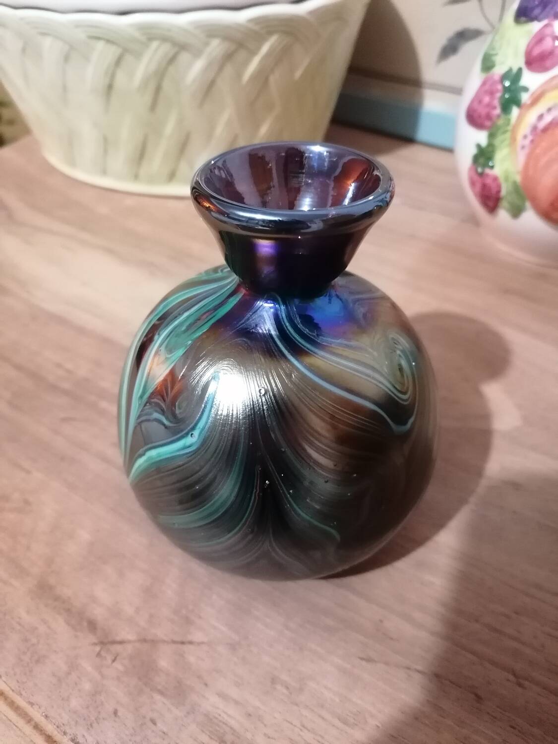 Iridescent marbled vase in the style of Loetz.