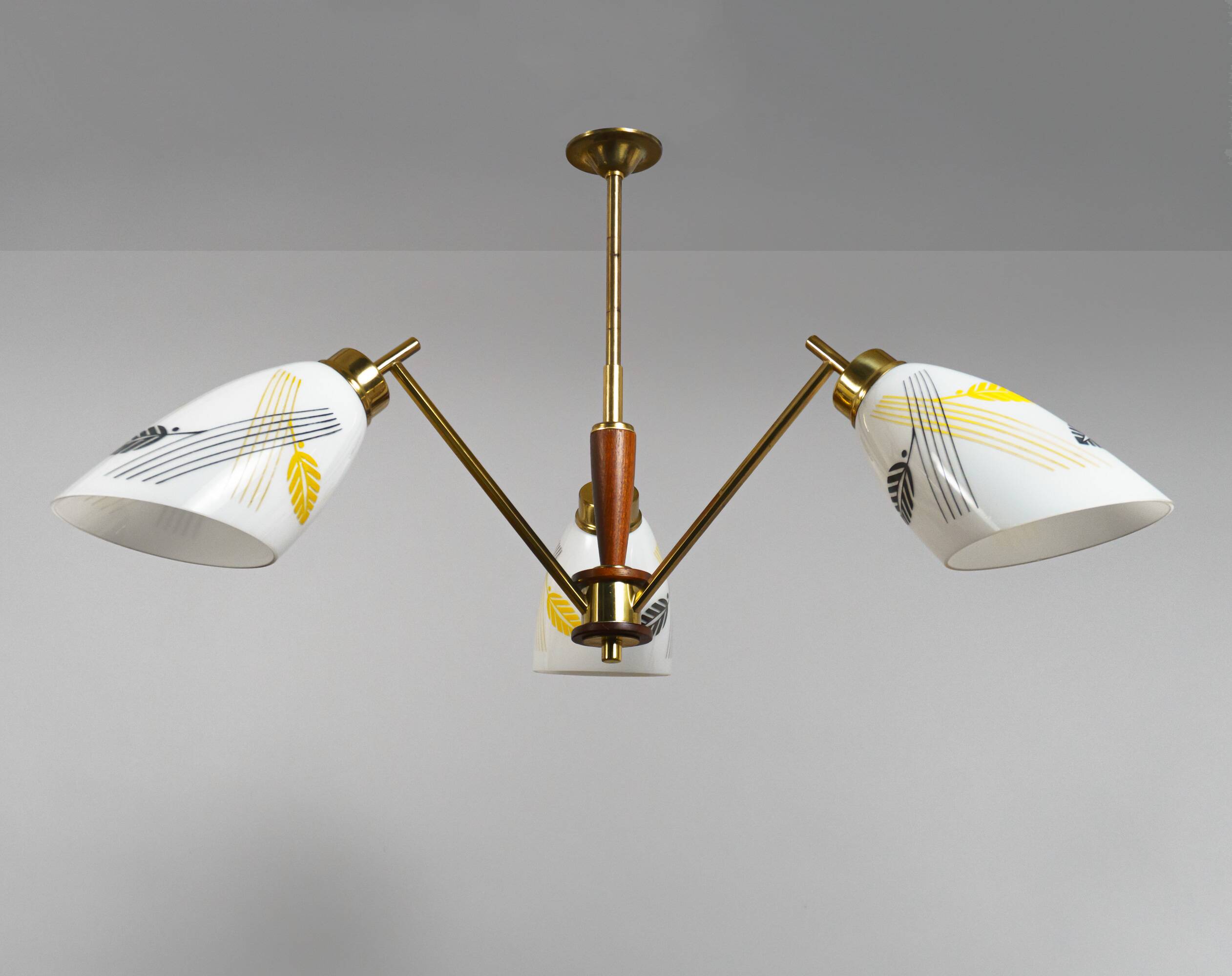 1950s Mid-Century French Glass, Brass & Teak 3-Arm Chandelier