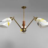 Lustre à trois bras en verre, laiton et teck, style français du milieu du siècle des années 1950
