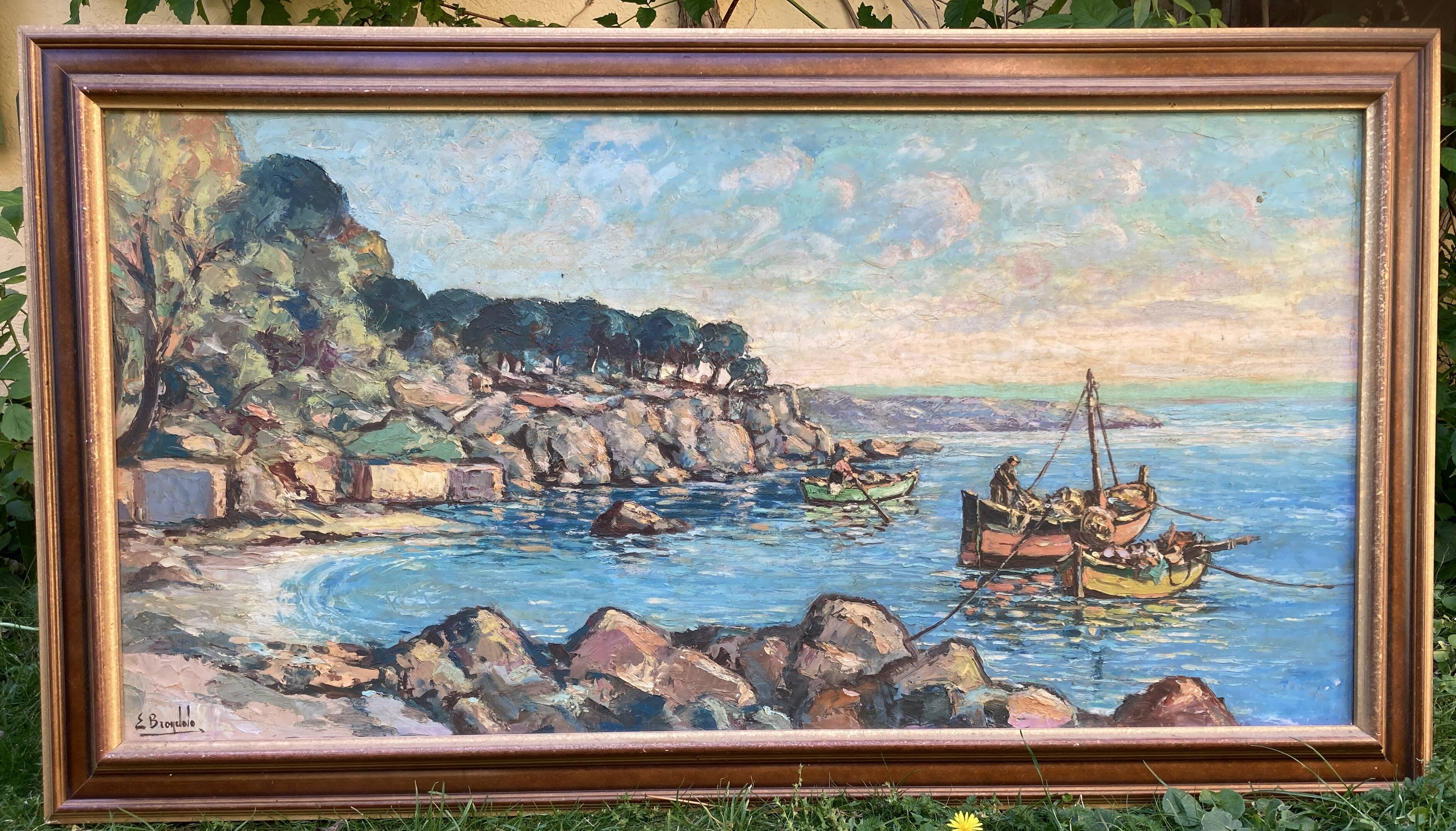 Tableau, Marine bateaux et côte rocheuse en Méditerranée