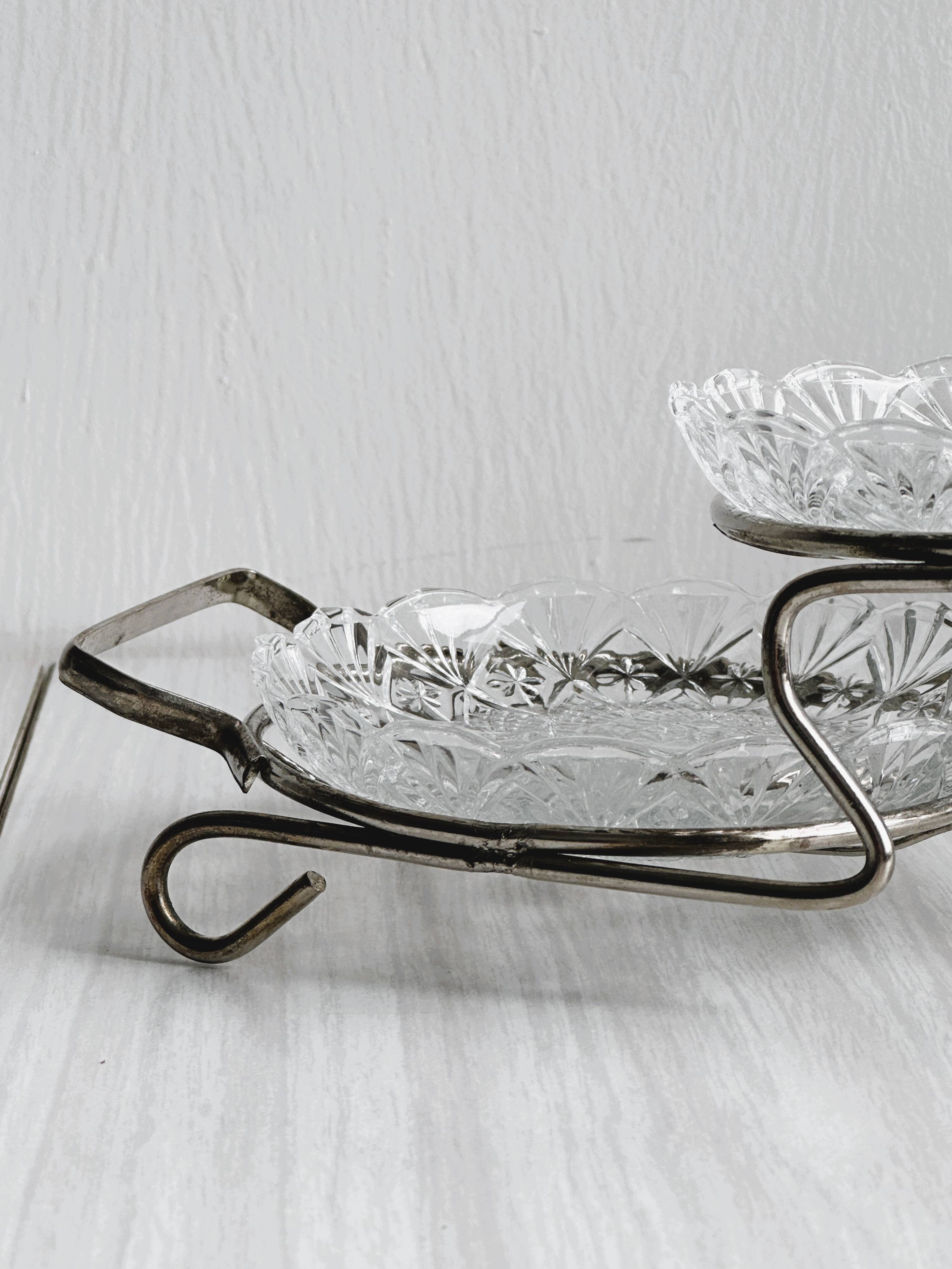 Metal and crystal server, crystal ramekins.