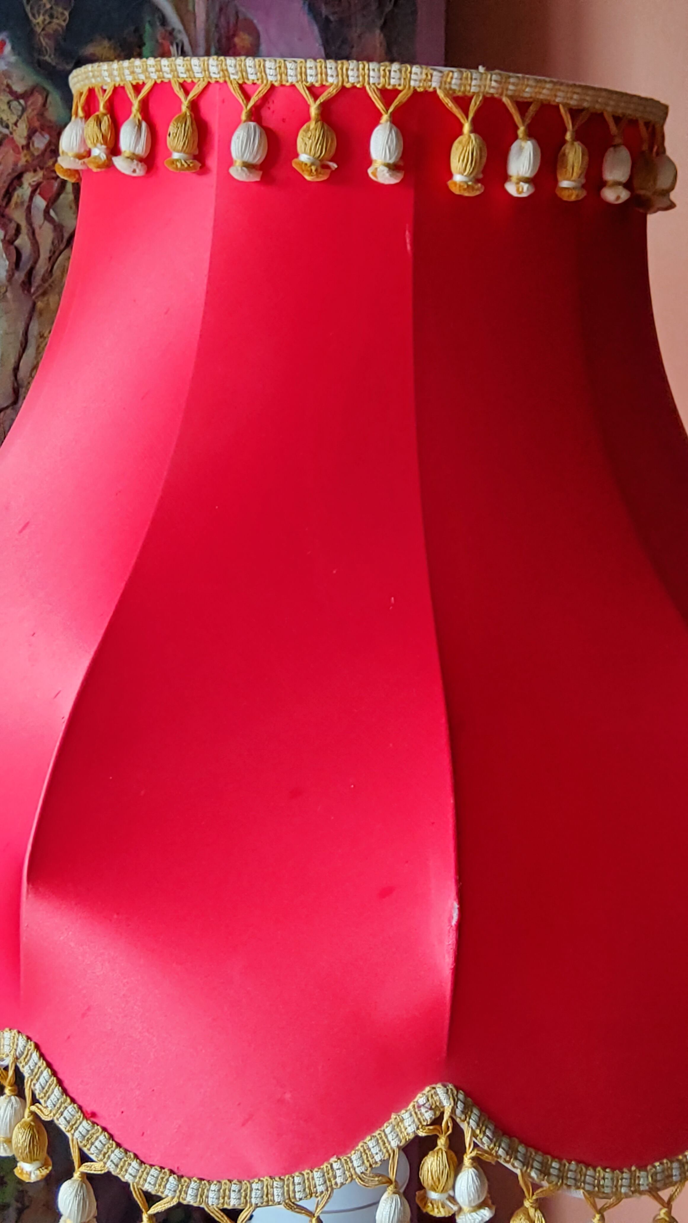 Vintage lamp of the 50s in white and golden opaline glass lampshade in red satin 75cm