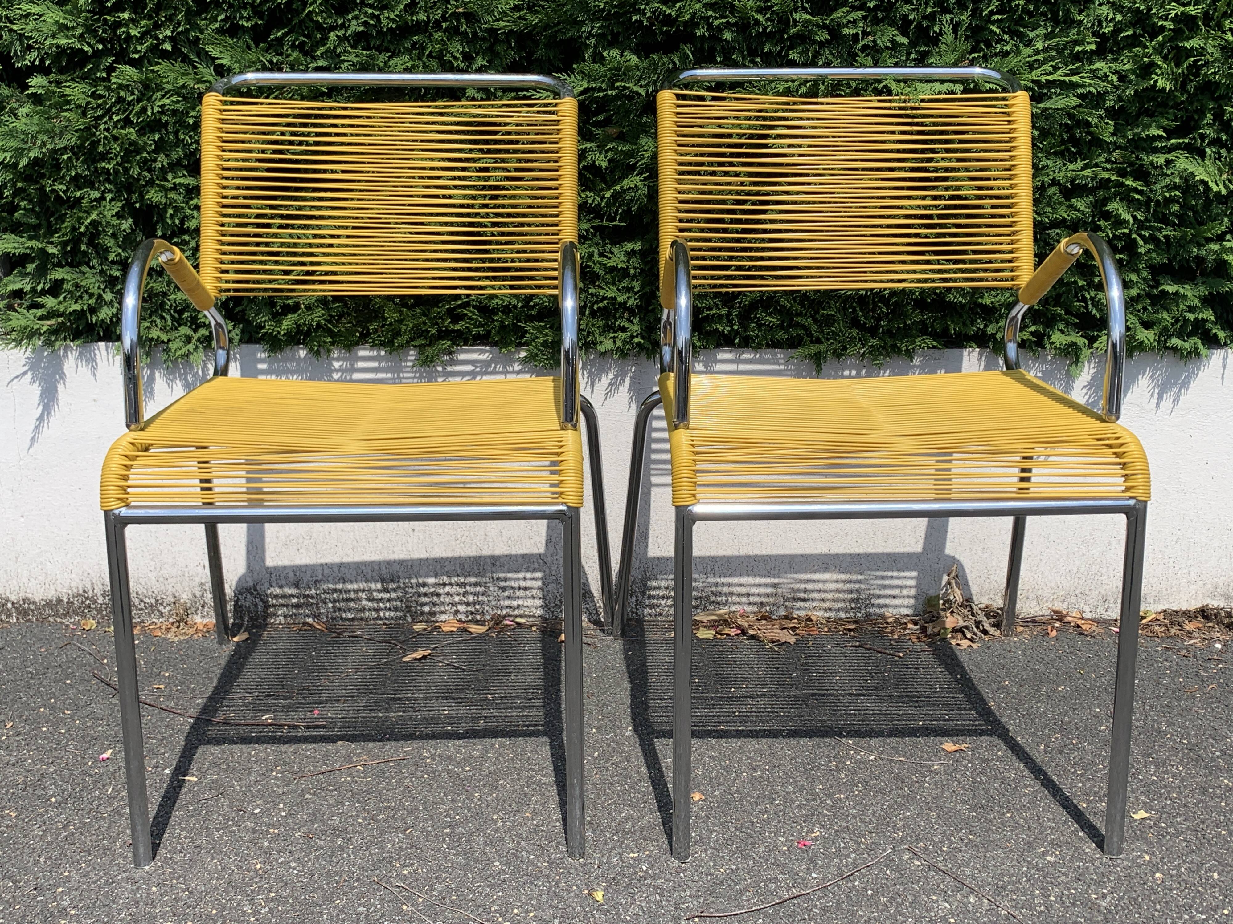 6 yellow and stackable armchairs, scoubidou by Dupré Perrin