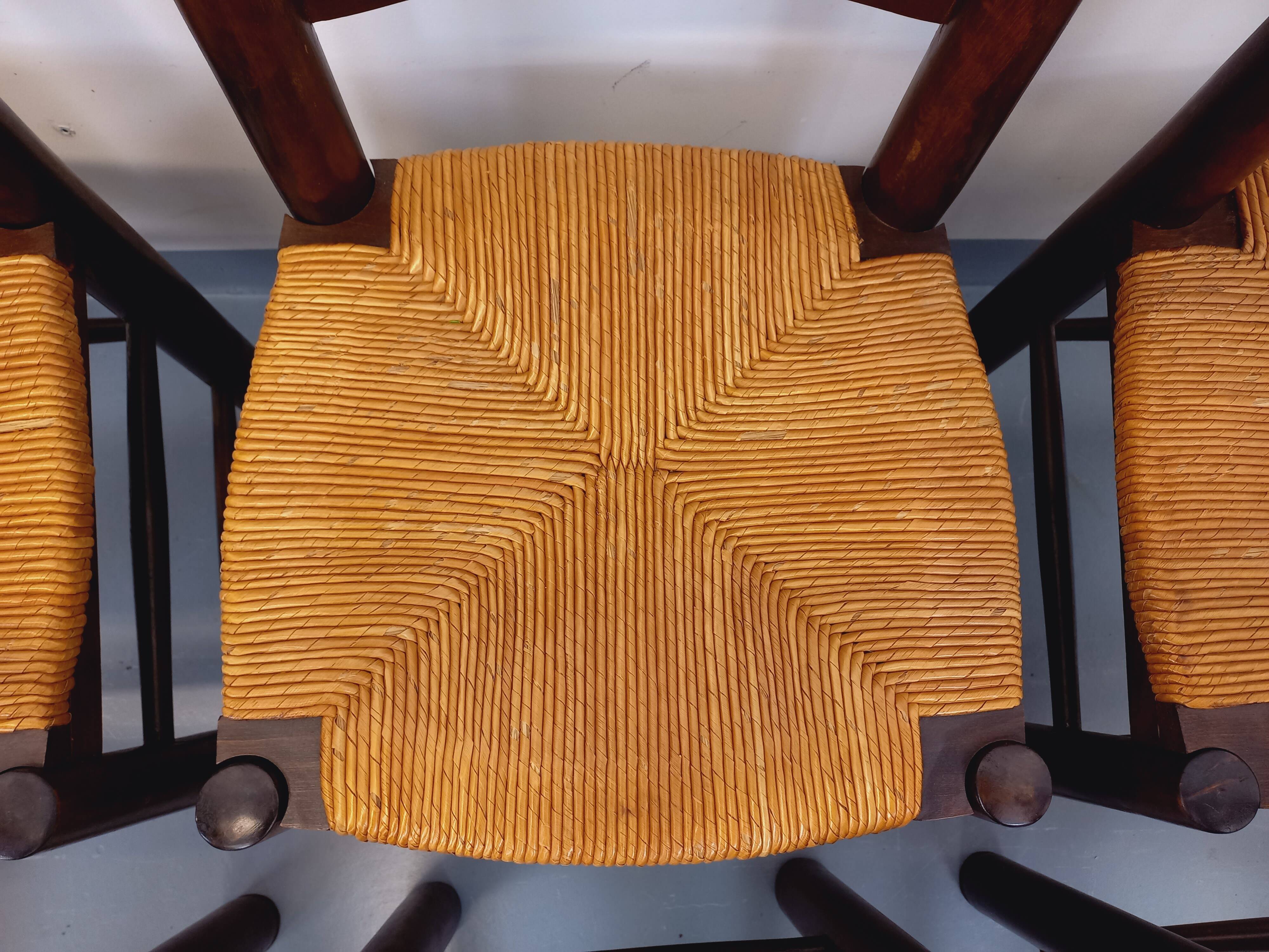 Set of 6 vintage brutalist chairs by Georges Robert in straw wood from the 1960s.