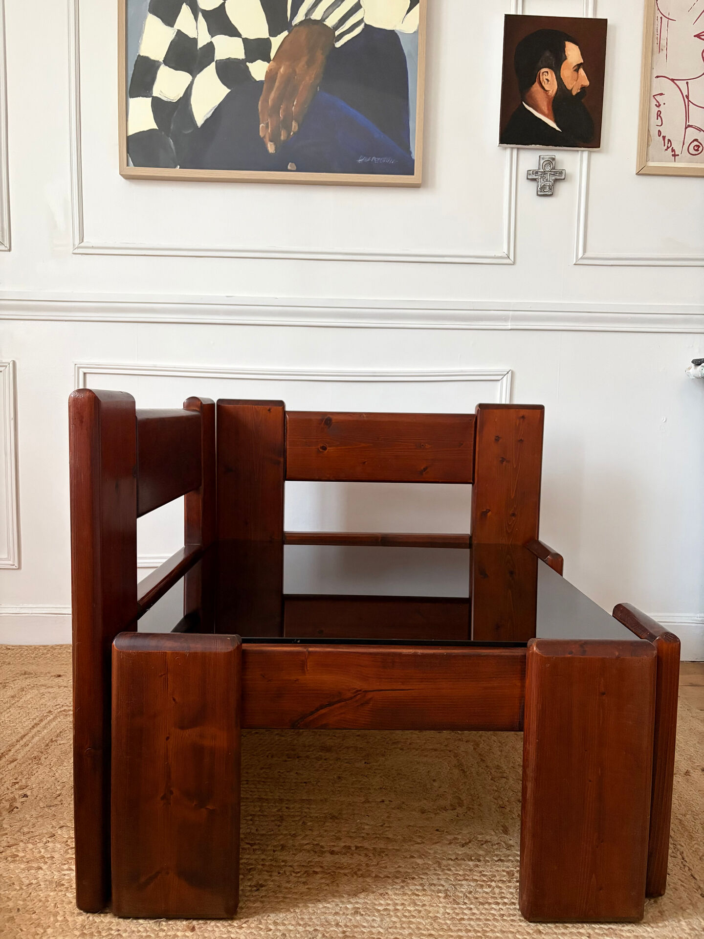Modernist coffee table in wood and smoked glass.