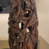 Large carved wooden lamp and mushroom lampshade