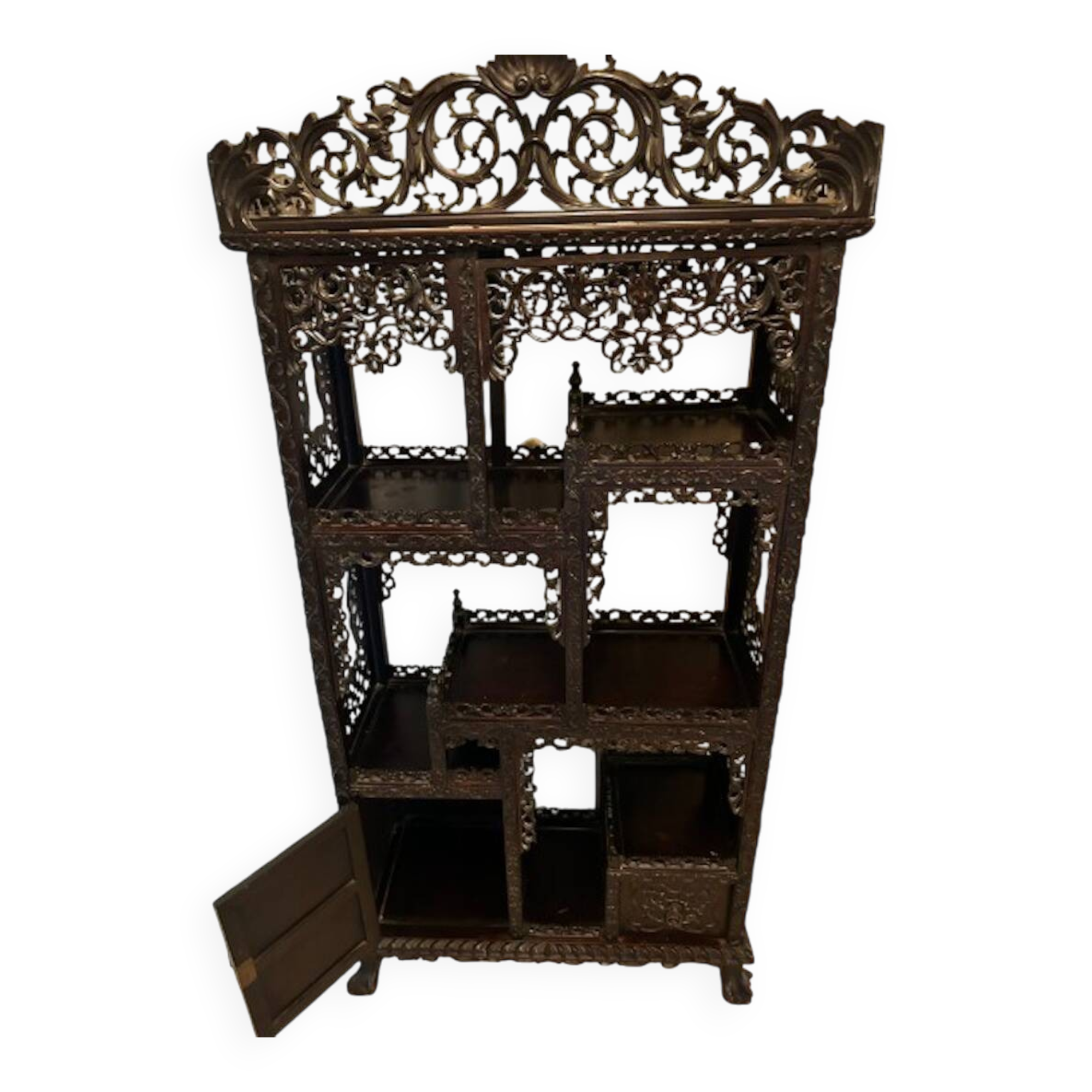 Richly carved antique Chinese display shelf – 19th century