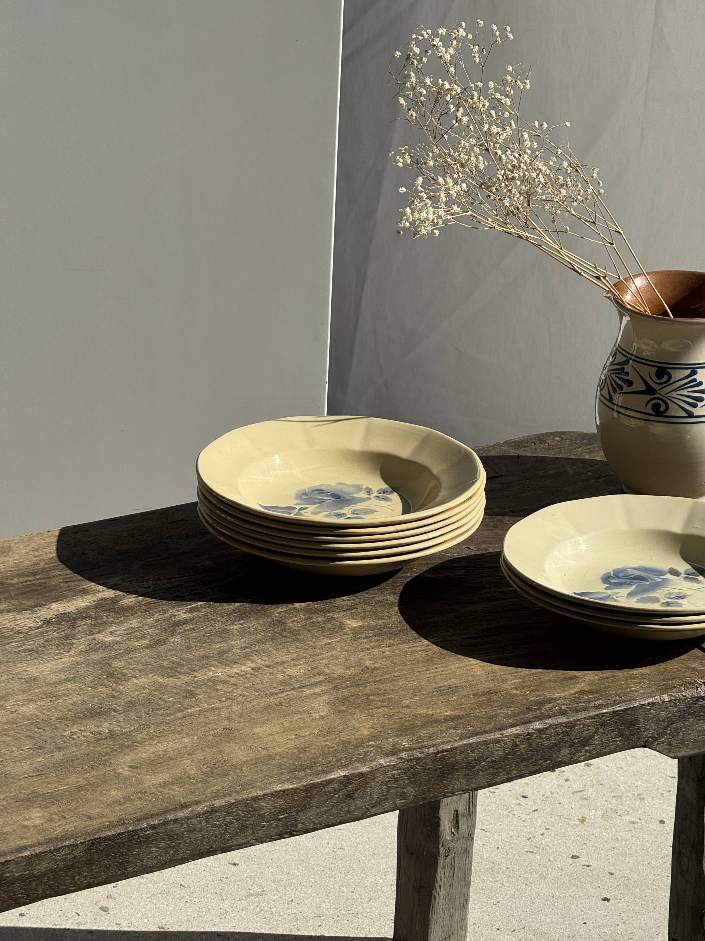 Set of 12 beige, pink, and blue deep plates from Digoin Sarreguemines, vintage.