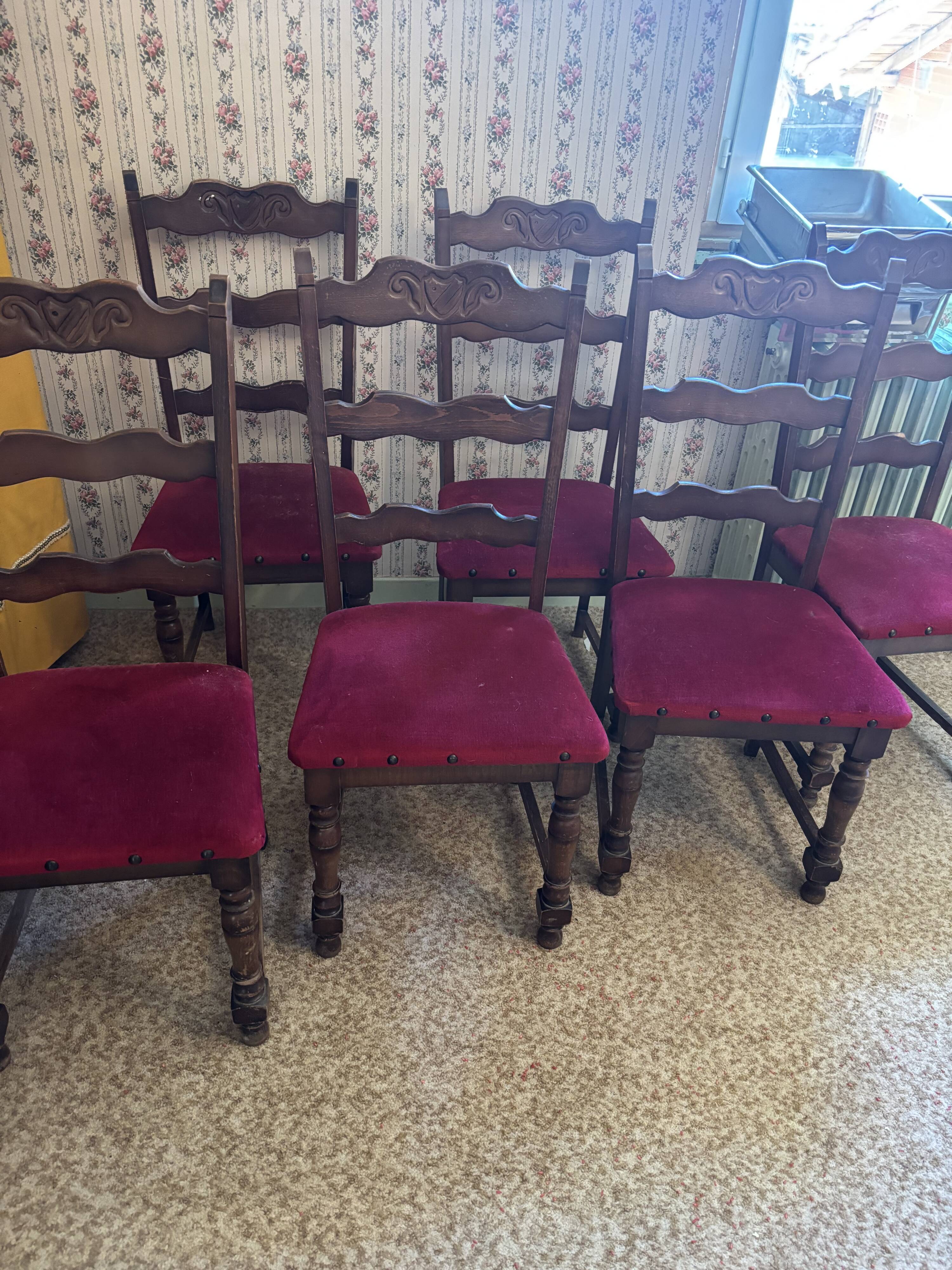 6 antique wooden and fabric chairs