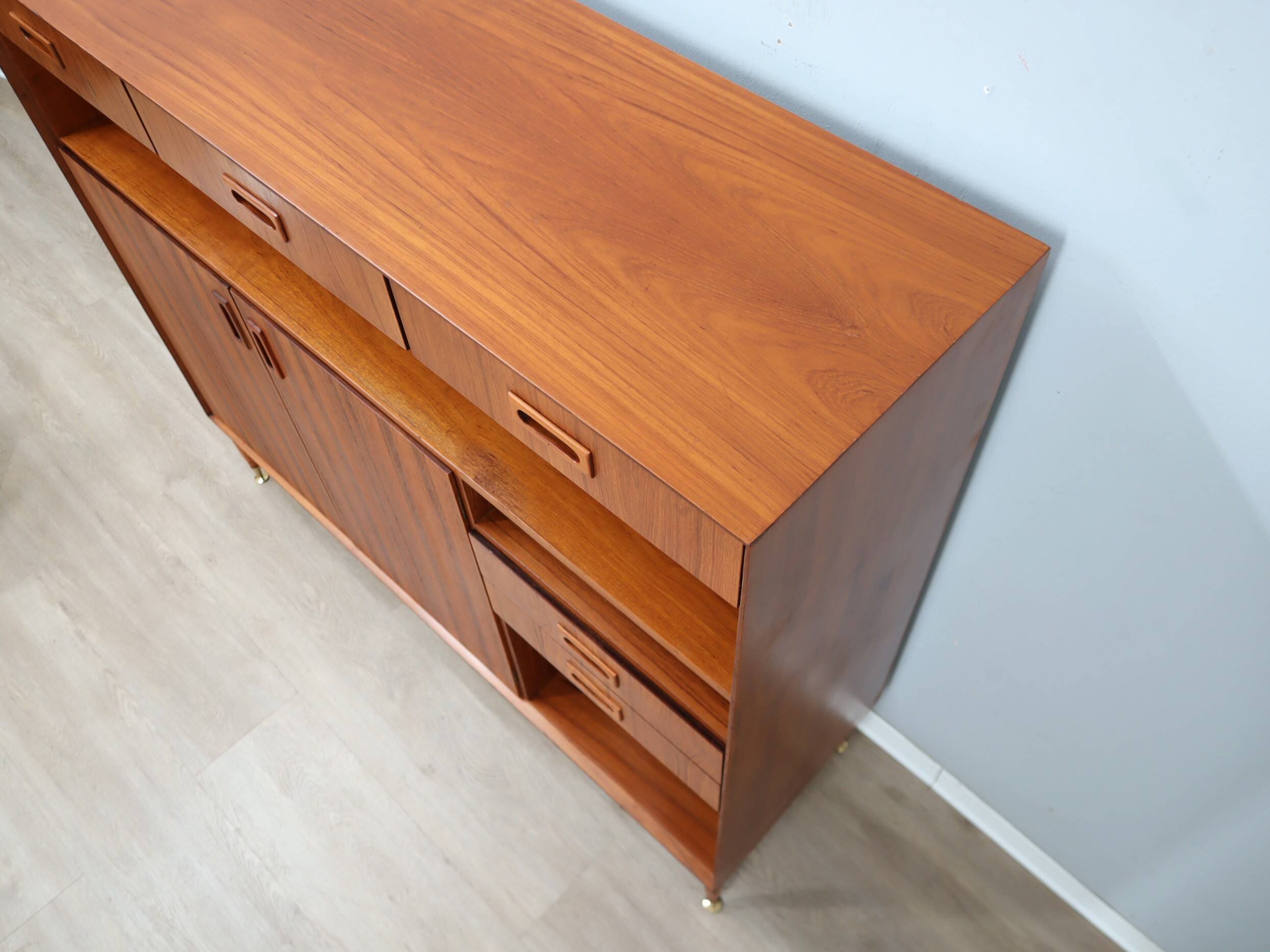 1960s Italian mid-century teak highboard restored with brass feet