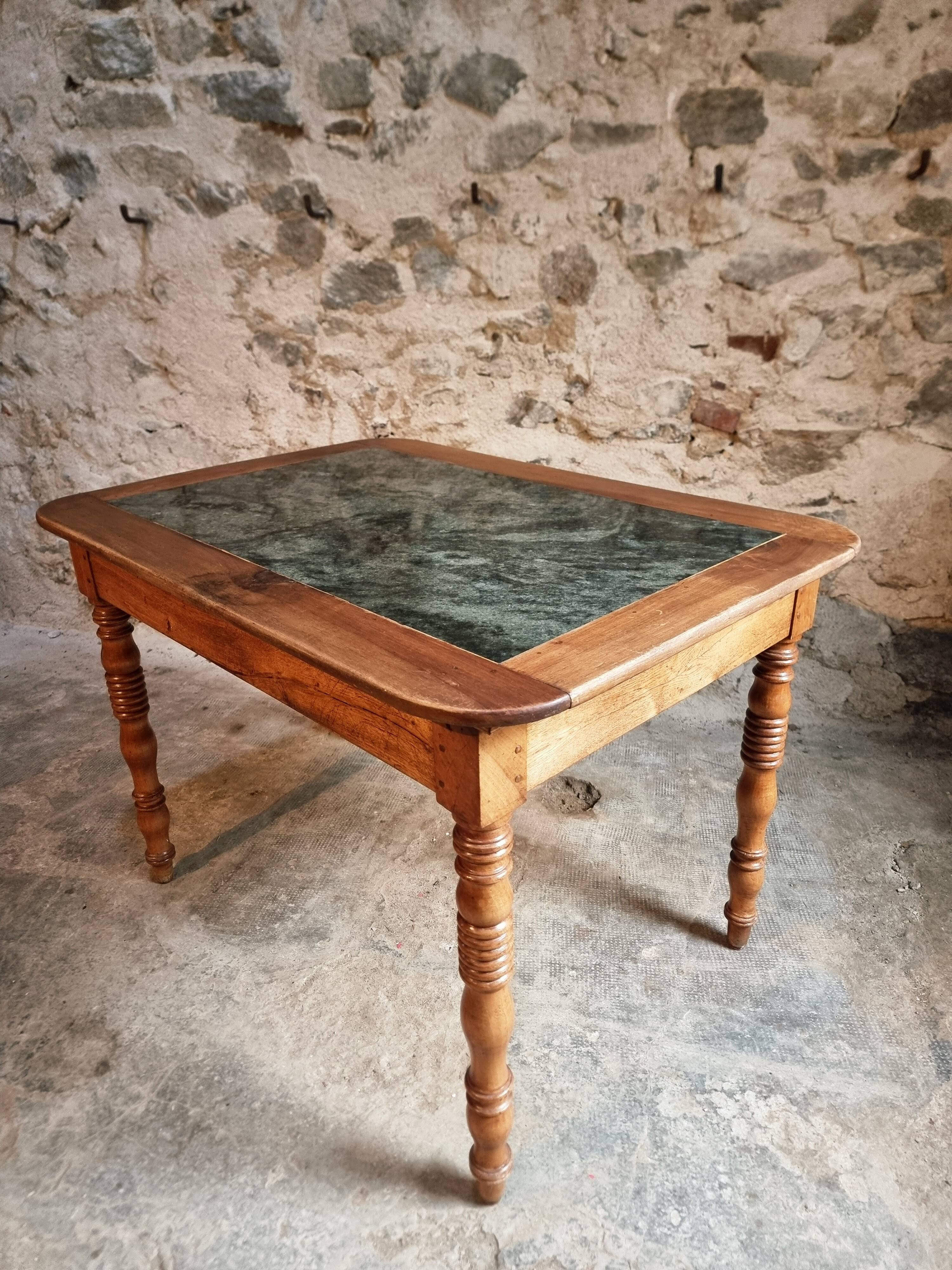 French vintage dining/desk table – oak and walnut – marble top – 1960s writing table with drawer