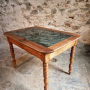 French vintage dining/desk table – oak and walnut – marble top – 1960s writing table with drawer