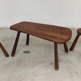 Set of free-form elm coffee table and brutalist style stools