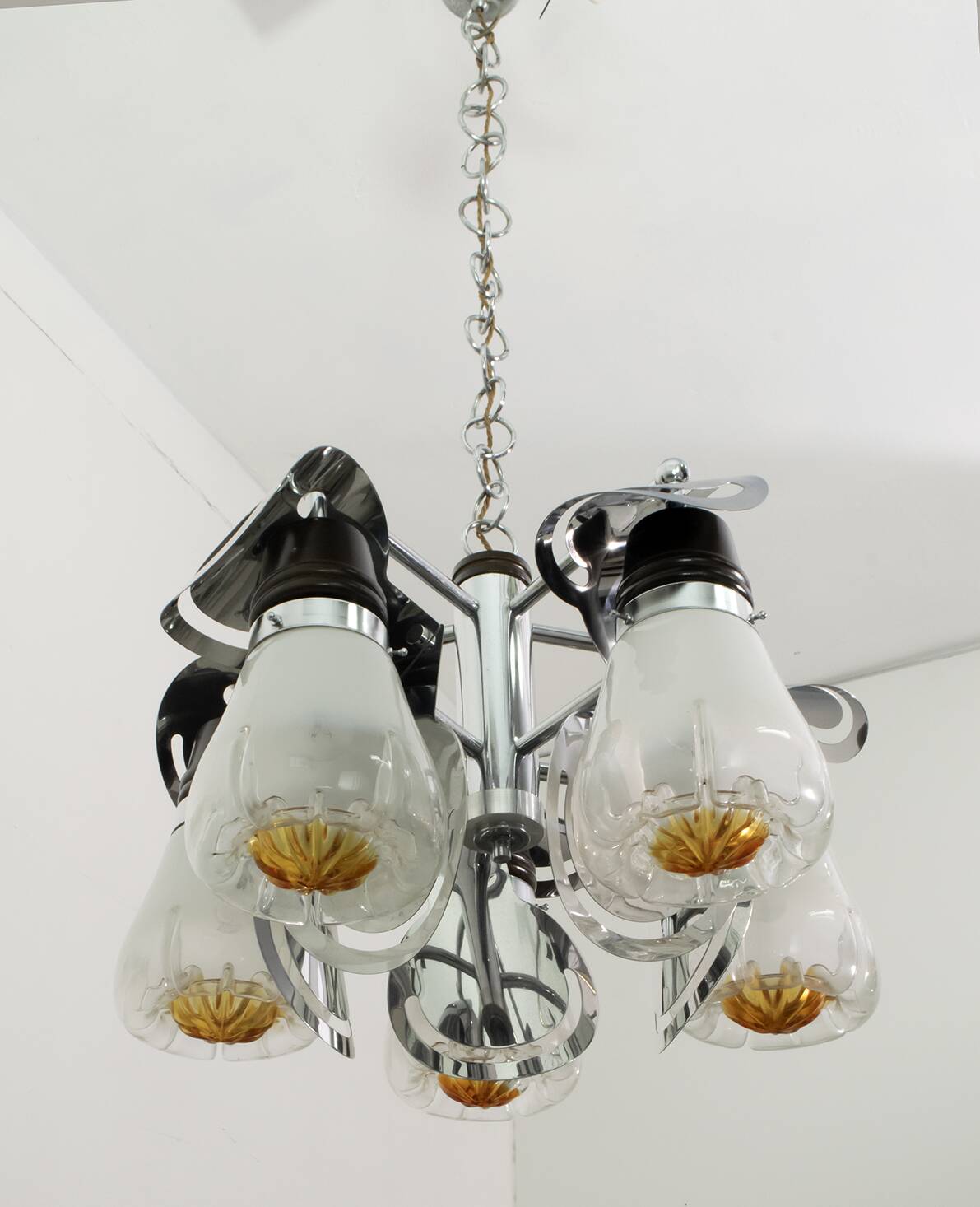 Mazzega Mid-Century Modern Italian Murano Glass and Steel Chandelier, 1970s