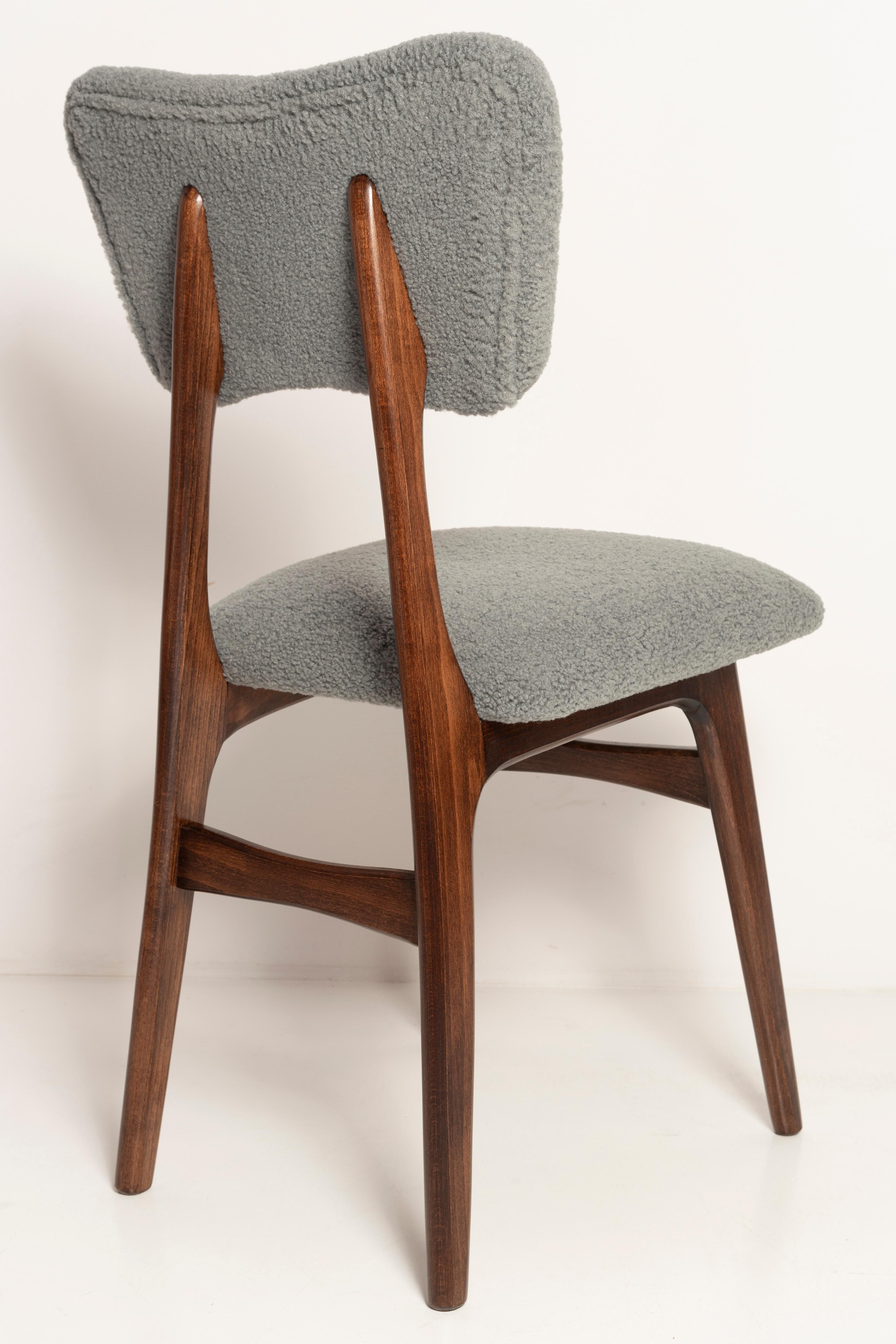 Chaise de salle à manger papillon milieu du siècle, bouclé gris, bois noyer foncé, Europe, années 1960