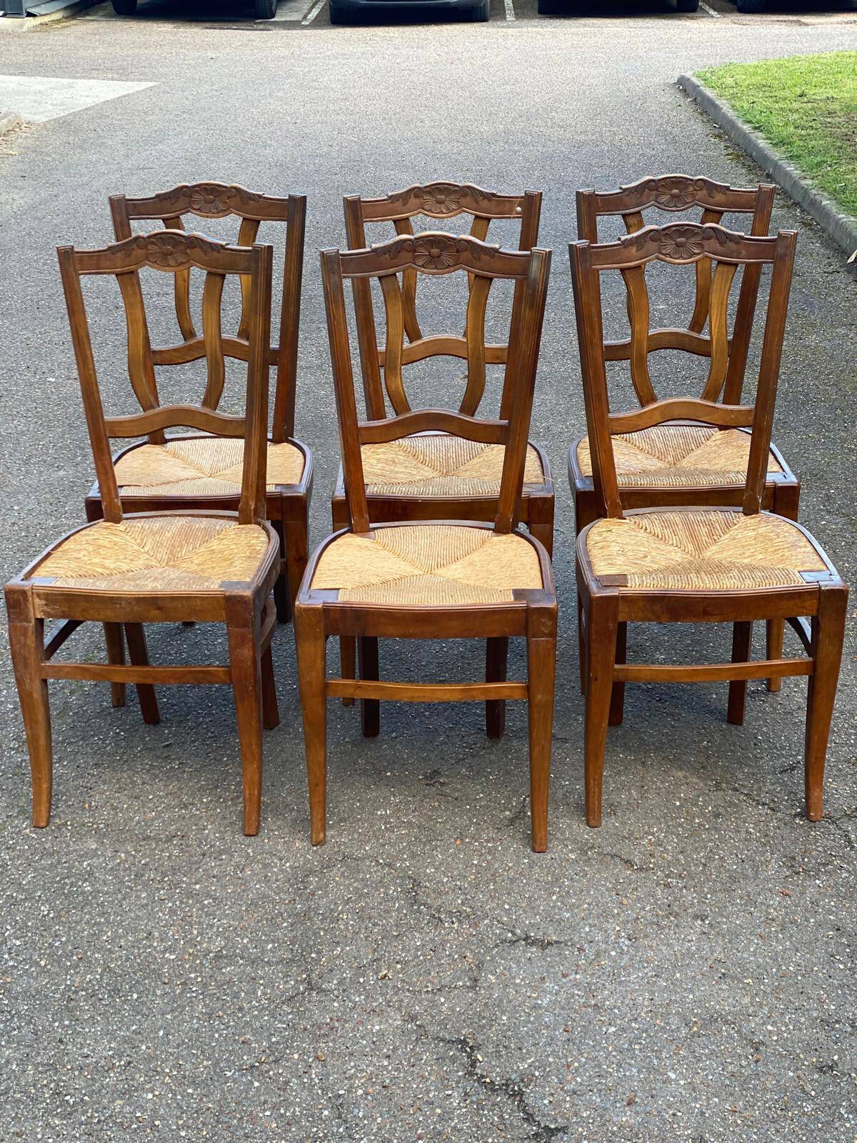 6 vintage solid oak wood dining room chairs with art deco straw