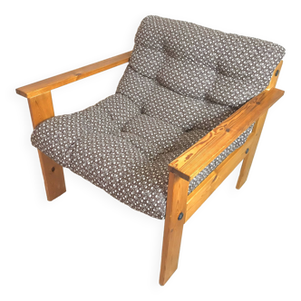 Fauteuil vintage en pin et tissu coton années 1980’s