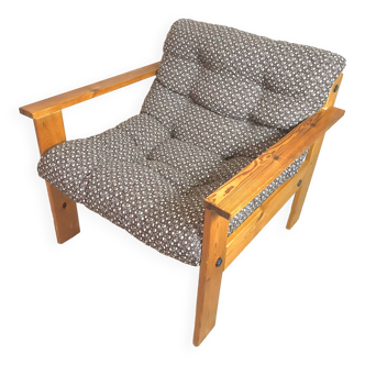 Vintage armchair in pine and cotton fabric 1980's