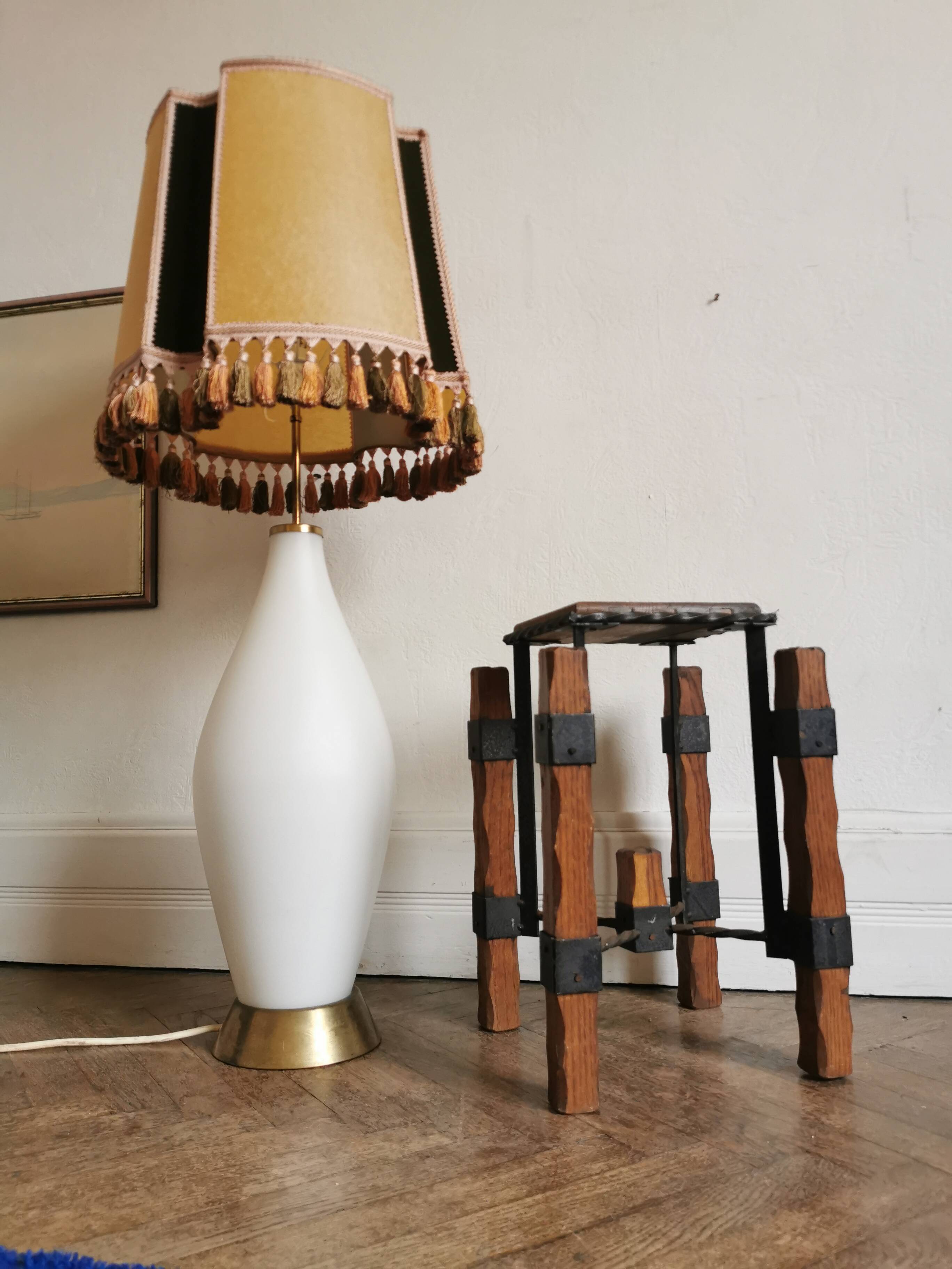 Large opaline and brass table lamp from the 60s