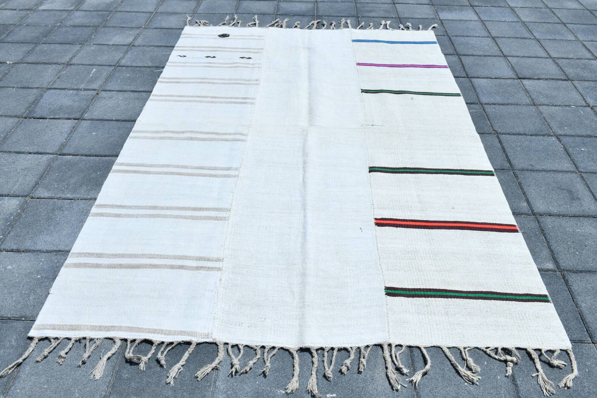 Turkish Vintage Minimalit Striped Kilim Rug, Handmade Oushak Wool Carpet