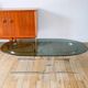 Oval coffee table in smoked glass and chrome, original double S design base, 1970.