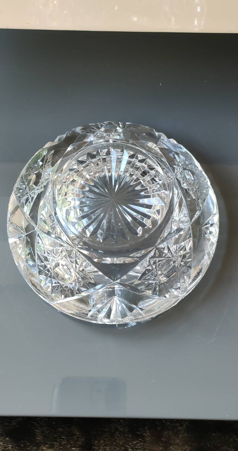 Bohemian cut crystal ashtray/pocket tray. Star/cross-hatched motifs.