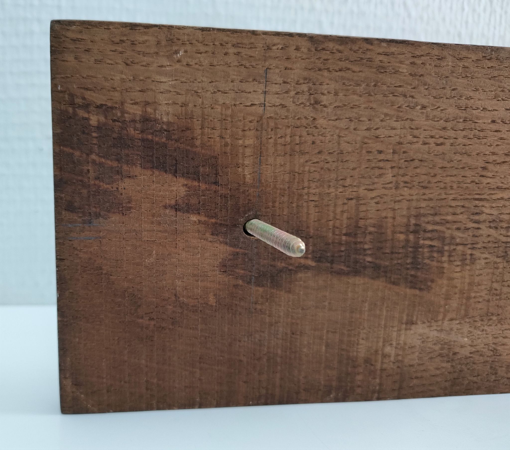 Patinated solid oak coat rack and vintage aluminum hooks