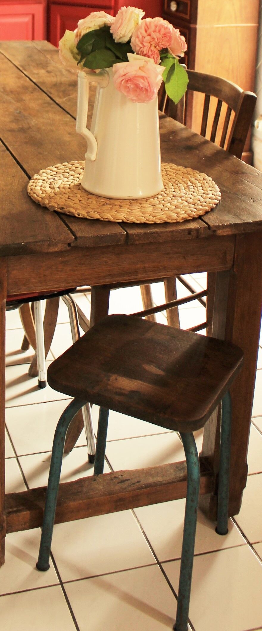 Industrial stool sitting wood feet metal blue metal feet