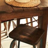 Industrial stool sitting wood feet metal blue metal feet