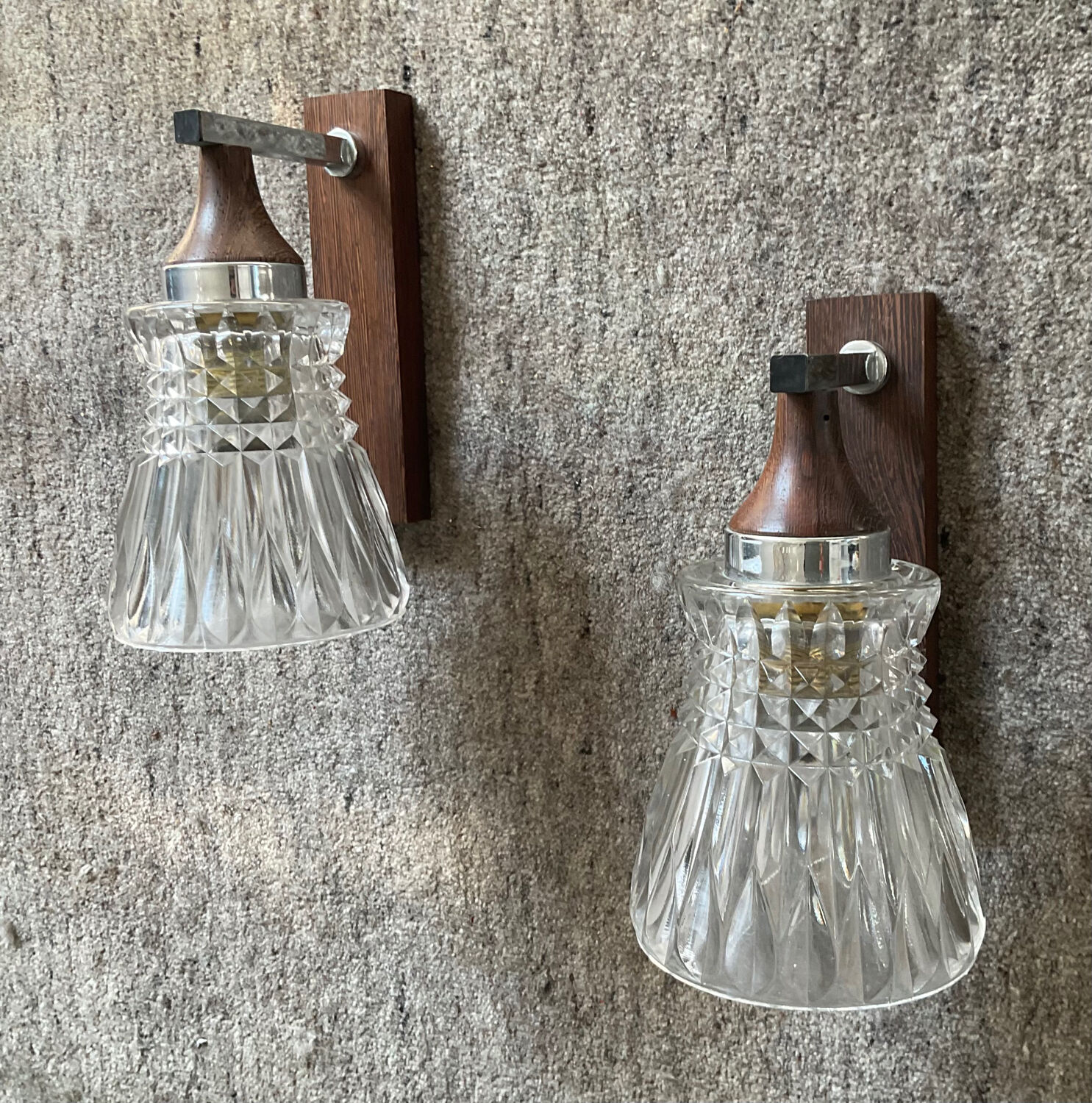 Pair of 60s teak and molded glass sconces