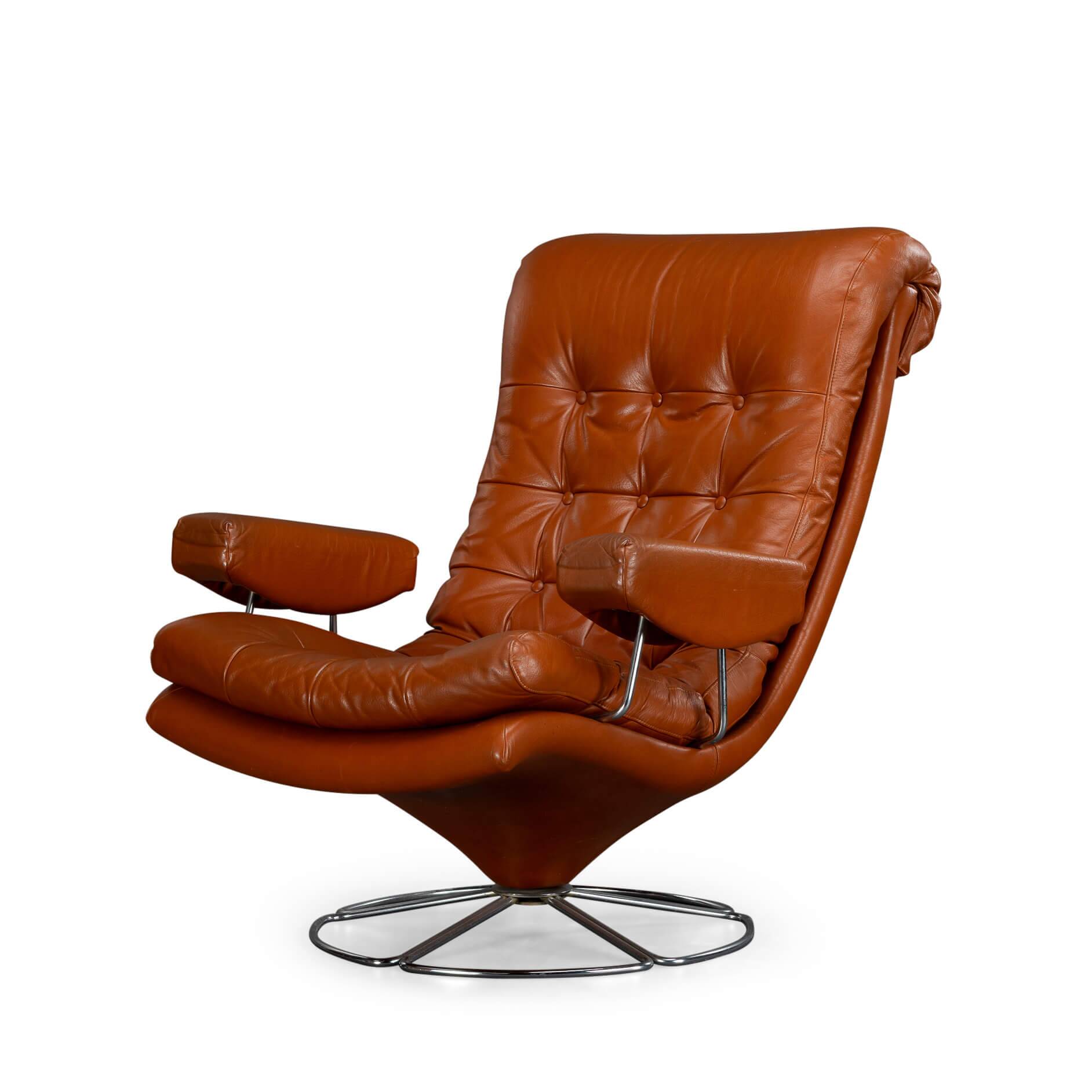 Cognac Leather Swivel chair, 1960s
