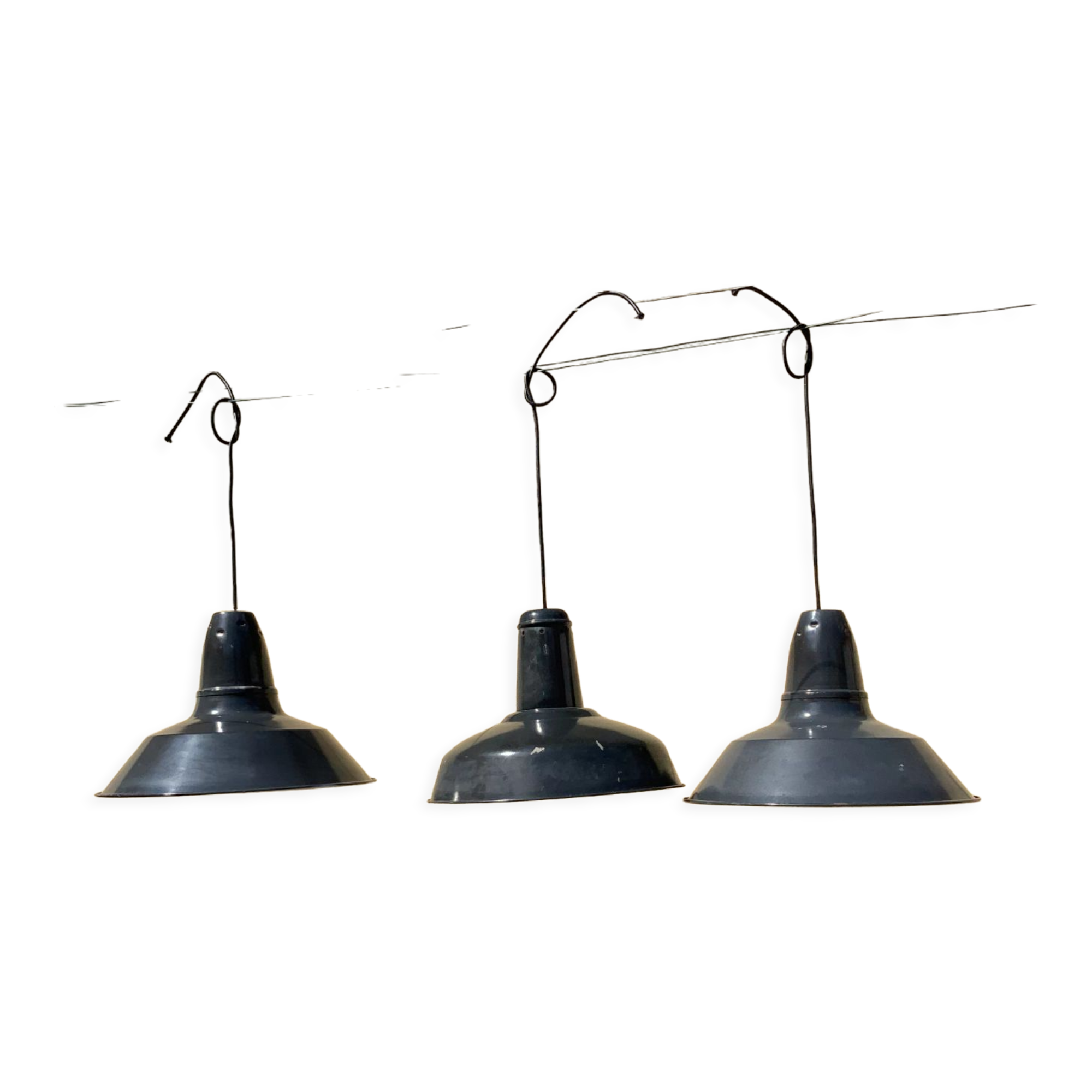 Three industrial suspensions in black and white enamelled sheet metal large format