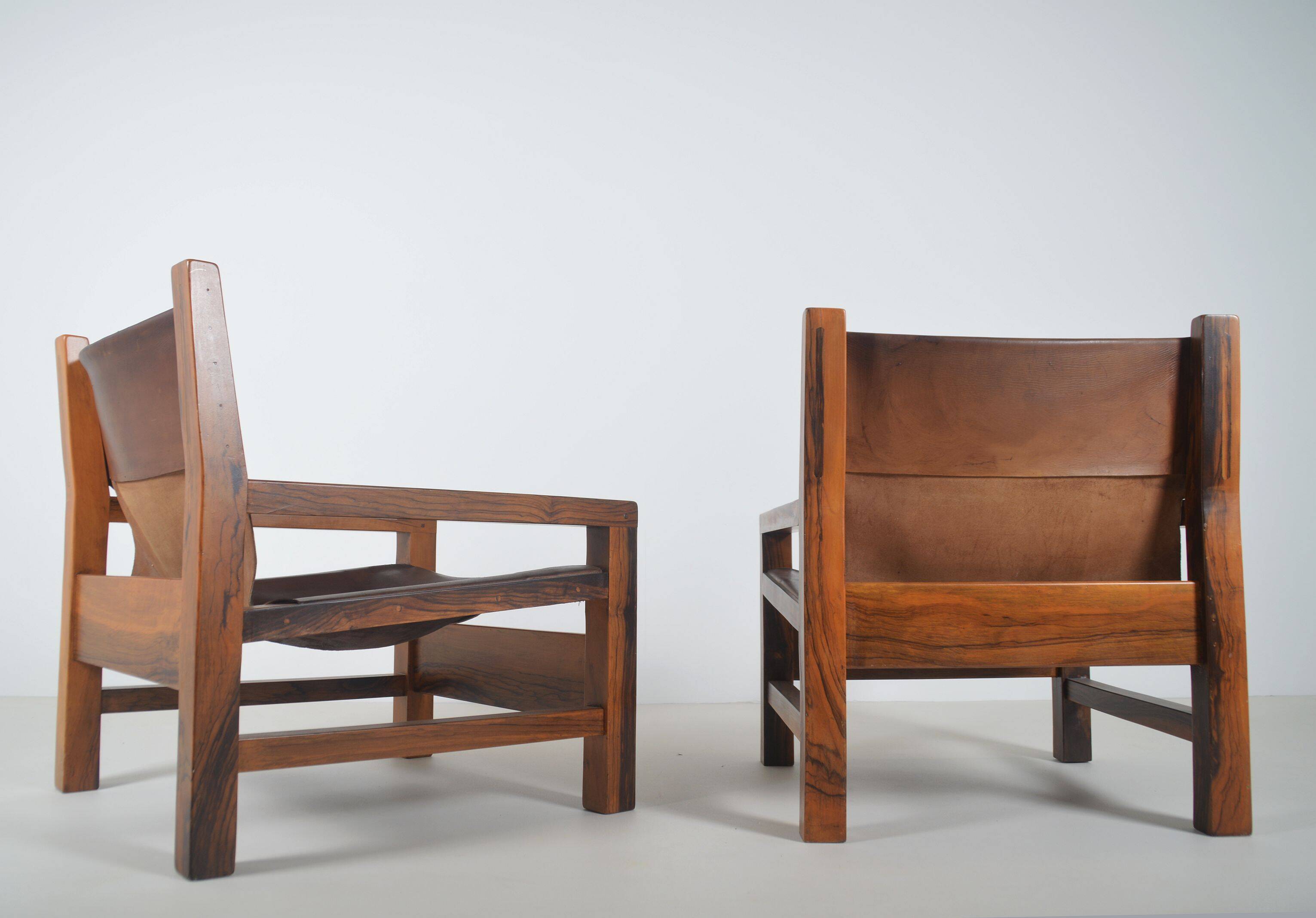 Set of French armchairs in olive wood with saddle leather, 1970s