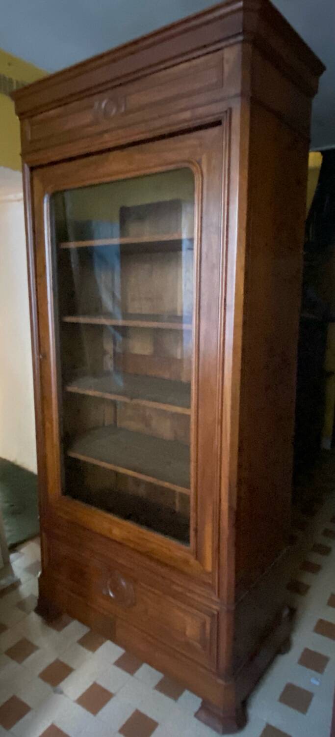 Walnut display cabinet with drawer